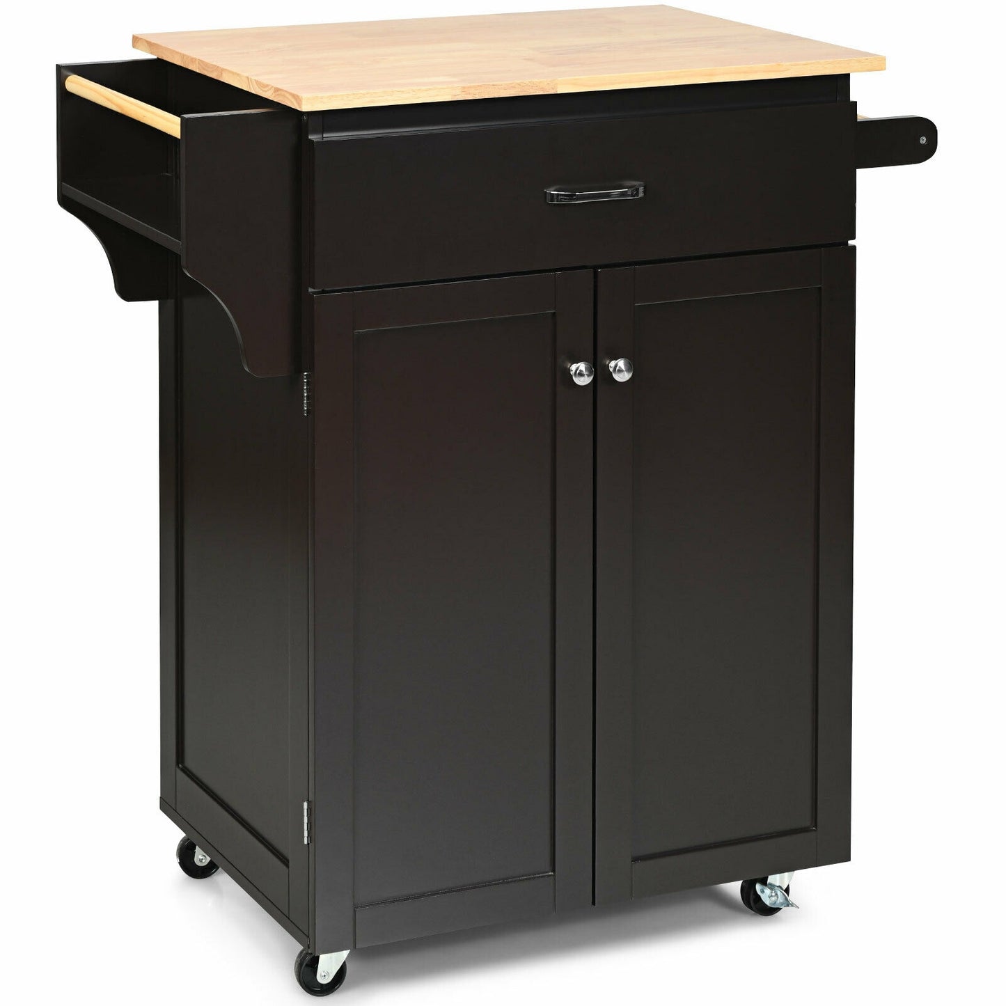 Rolling Kitchen Island Cart with Storage Cabinet, Spice Rack, and Locking Wheels - Brown