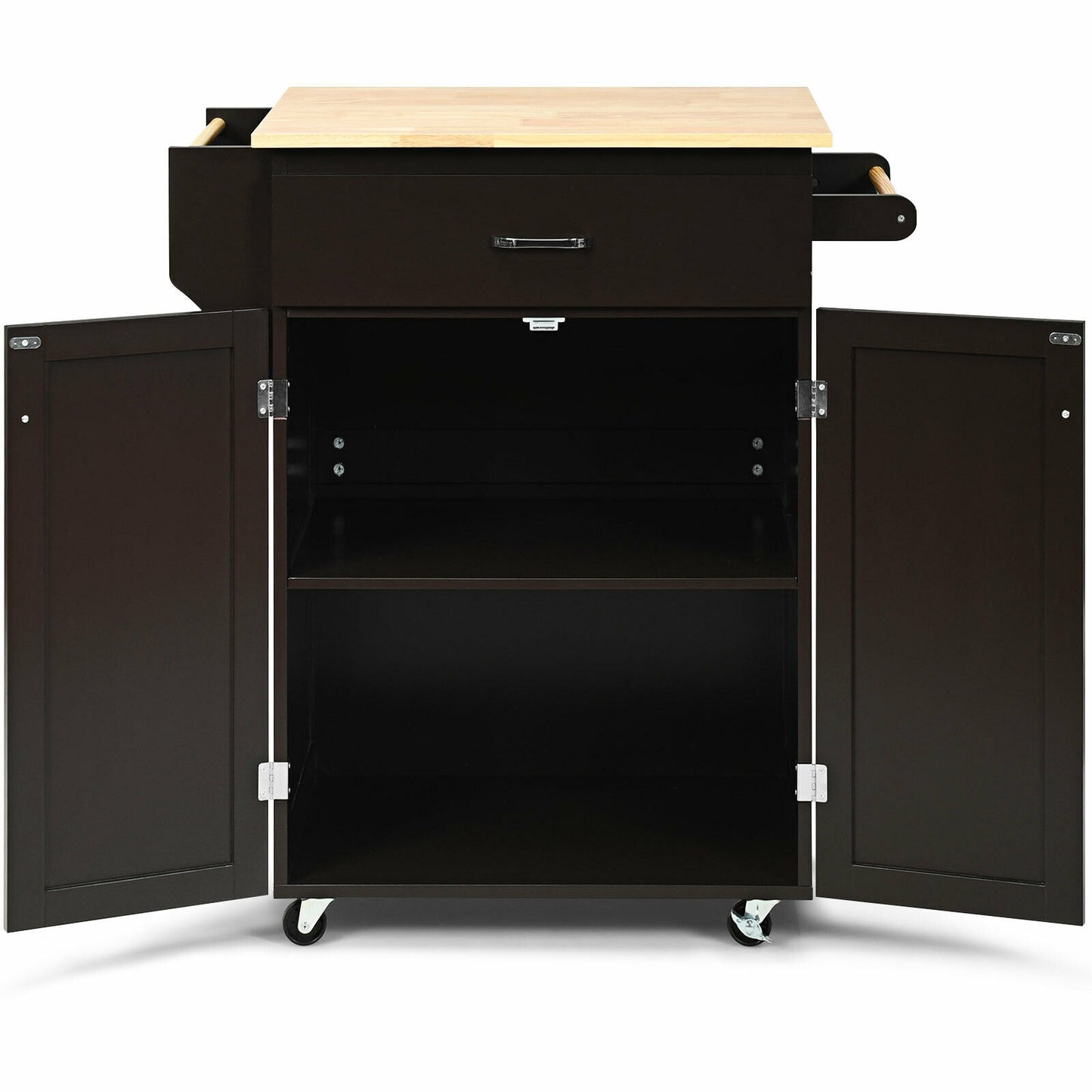 Rolling Kitchen Island Cart with Storage Cabinet, Spice Rack, and Locking Wheels - Brown