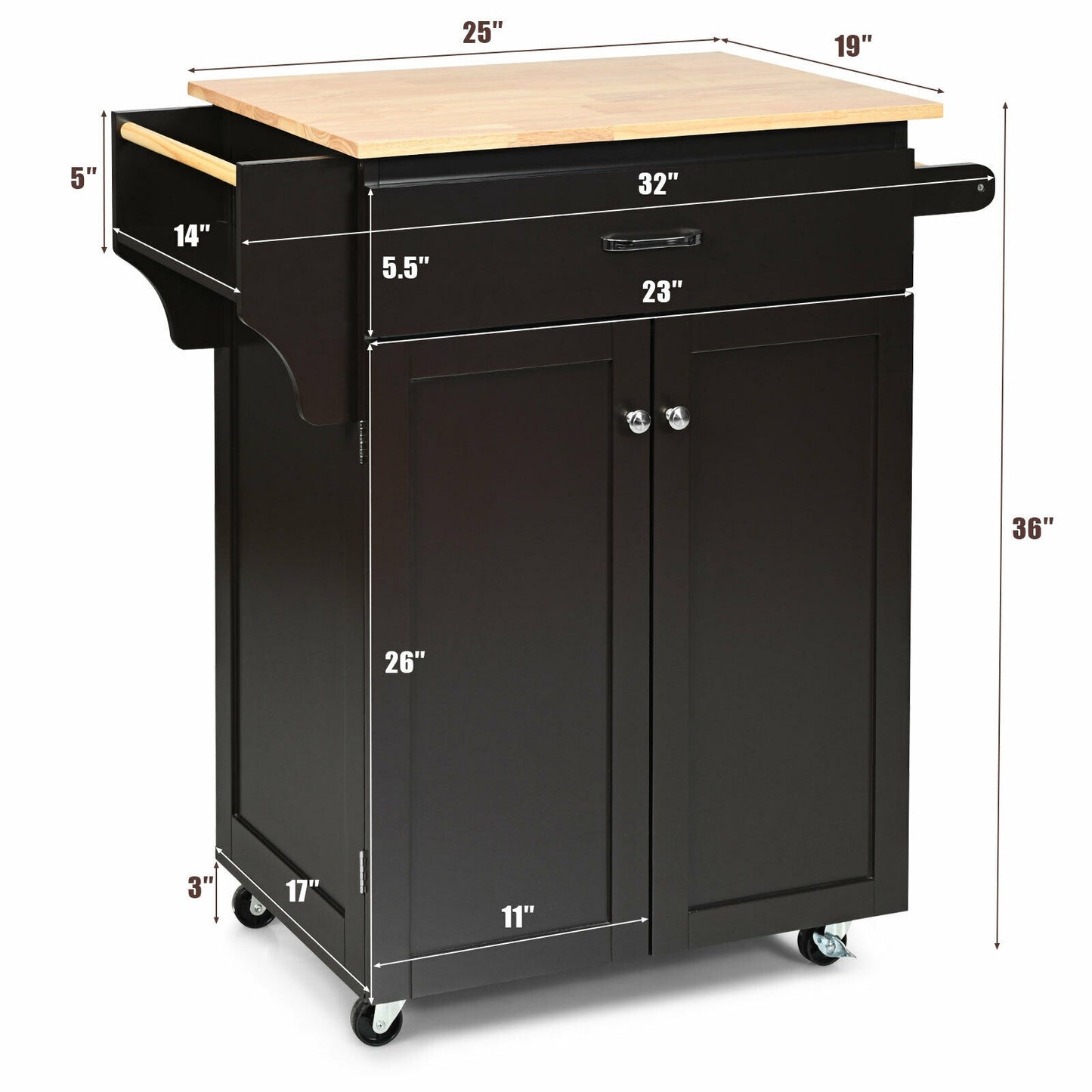 Rolling Kitchen Island Cart with Storage Cabinet, Spice Rack, and Locking Wheels - Brown