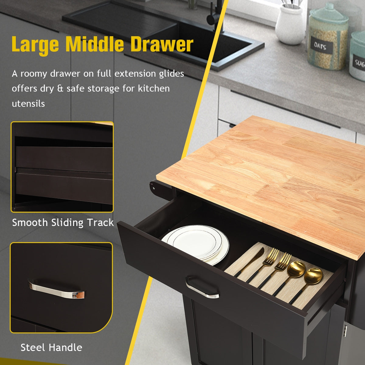 Rolling Kitchen Island Cart with Storage Cabinet, Spice Rack, and Locking Wheels - Brown