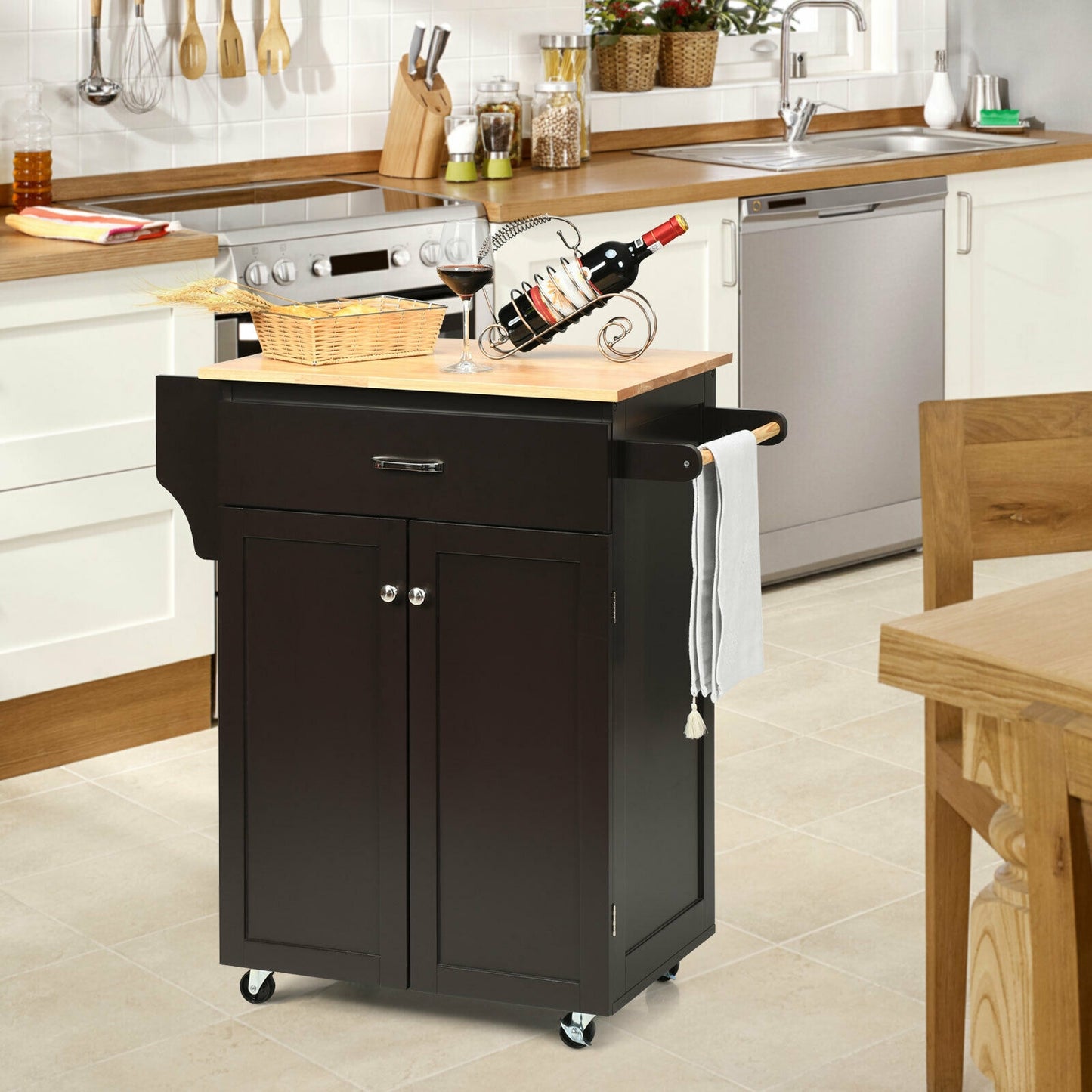 Rolling Kitchen Island Cart with Storage Cabinet, Spice Rack, and Locking Wheels - Brown