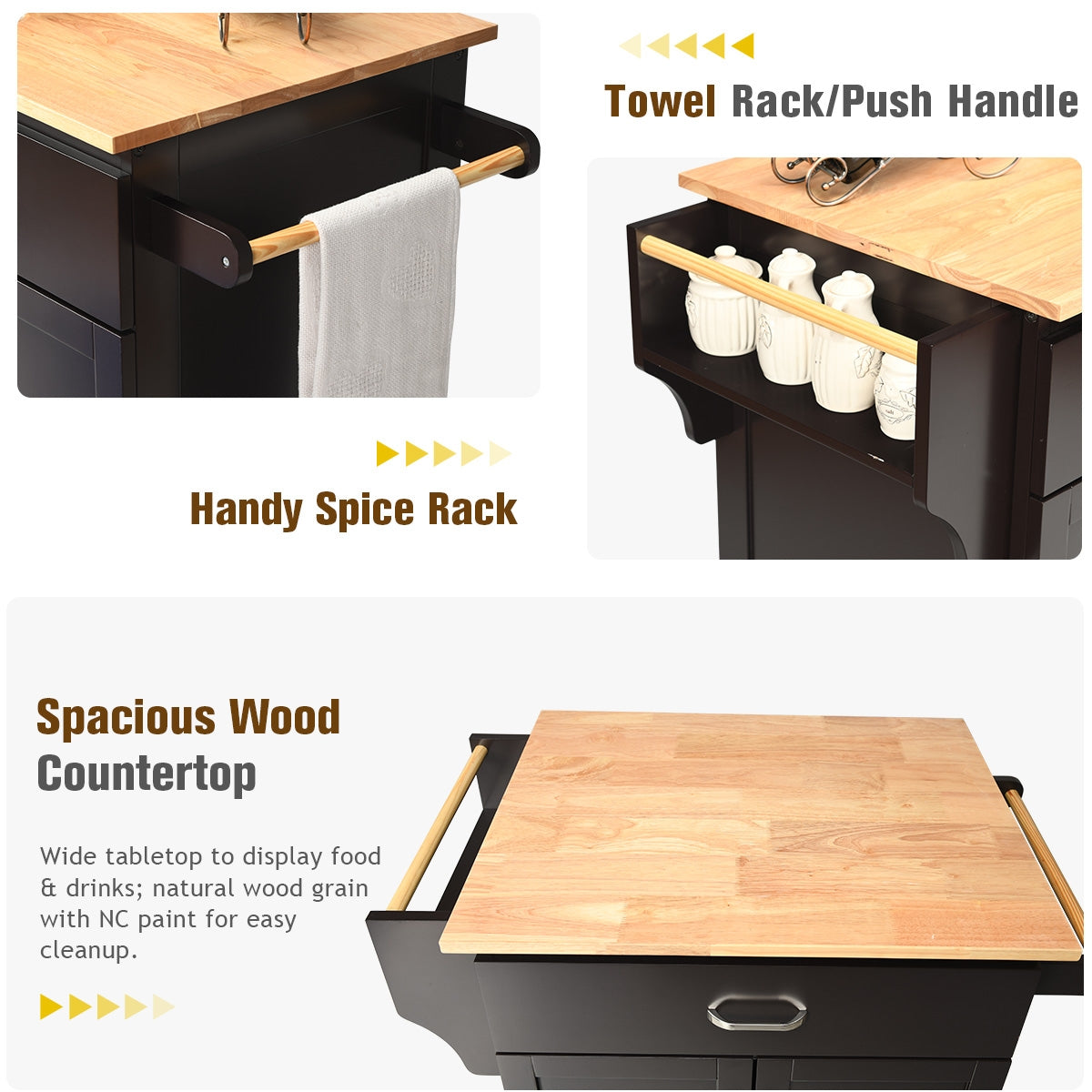 Rolling Kitchen Island Cart with Storage Cabinet, Spice Rack, and Locking Wheels - Brown