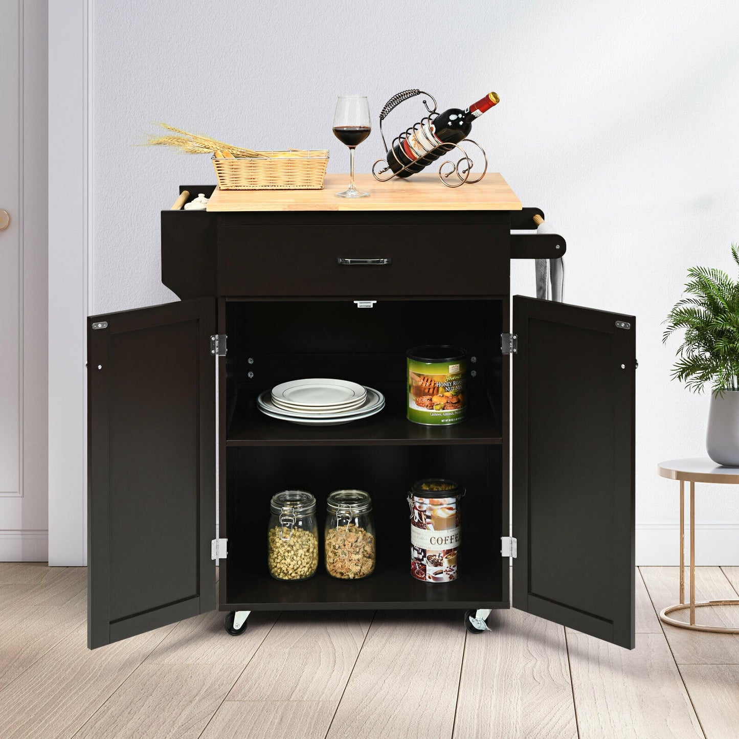 Rolling Kitchen Island Cart with Storage Cabinet, Spice Rack, and Locking Wheels - Brown