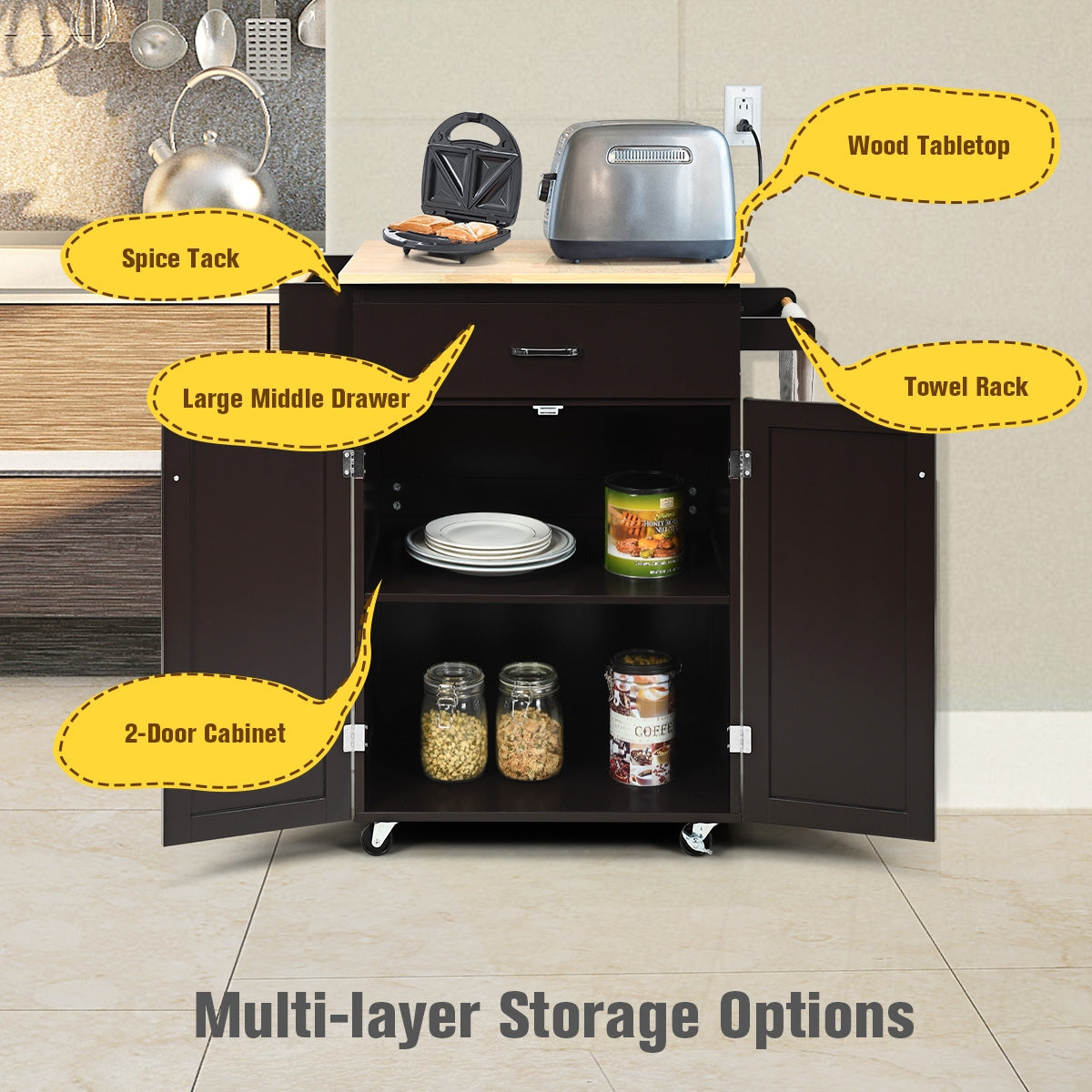 Rolling Kitchen Island Cart with Storage Cabinet, Spice Rack, and Locking Wheels - Brown