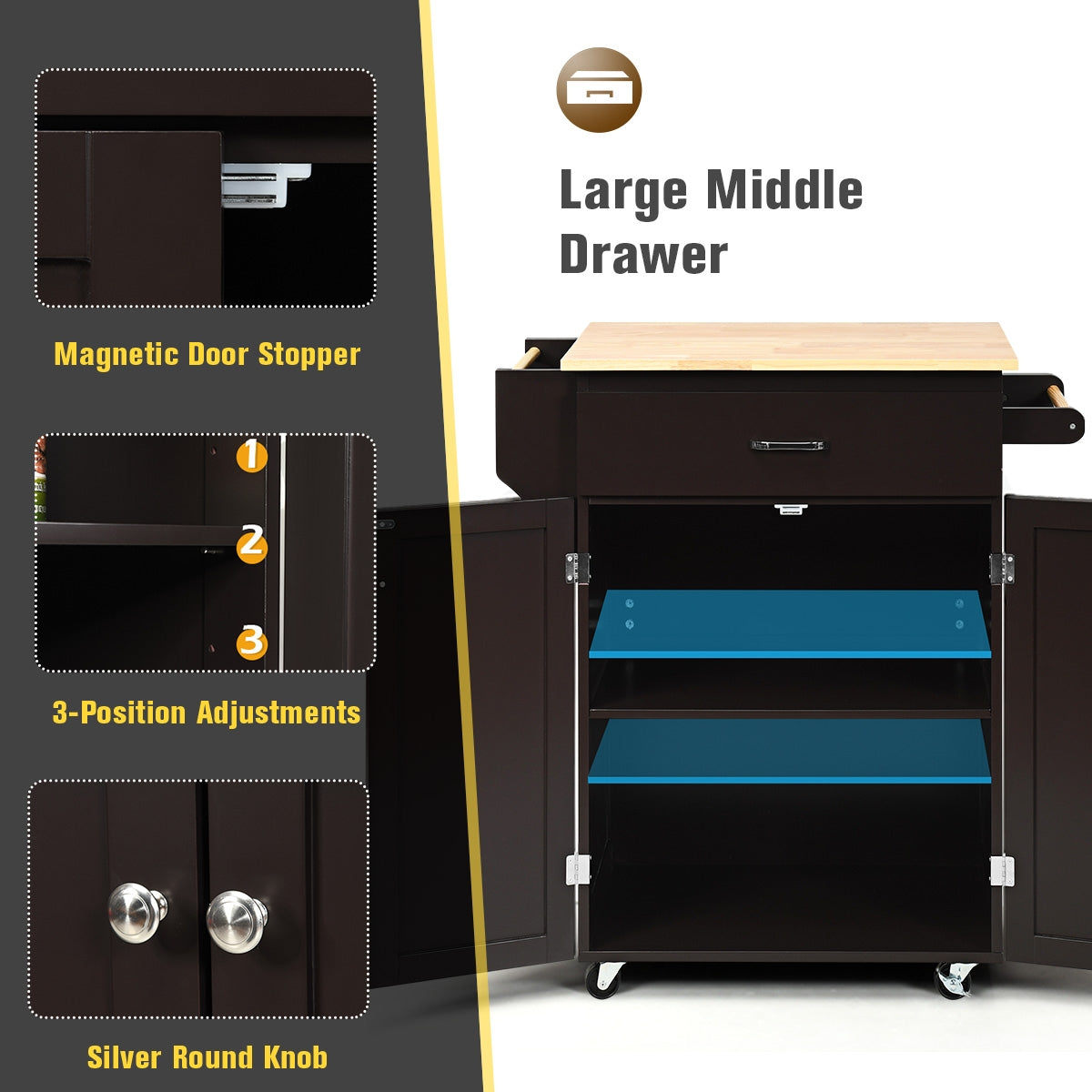 Rolling Kitchen Island Cart with Storage Cabinet, Spice Rack, and Locking Wheels - Brown
