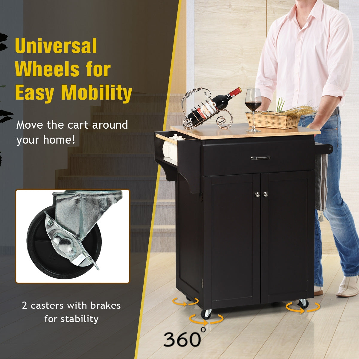 Rolling Kitchen Island Cart with Storage Cabinet, Spice Rack, and Locking Wheels - Brown
