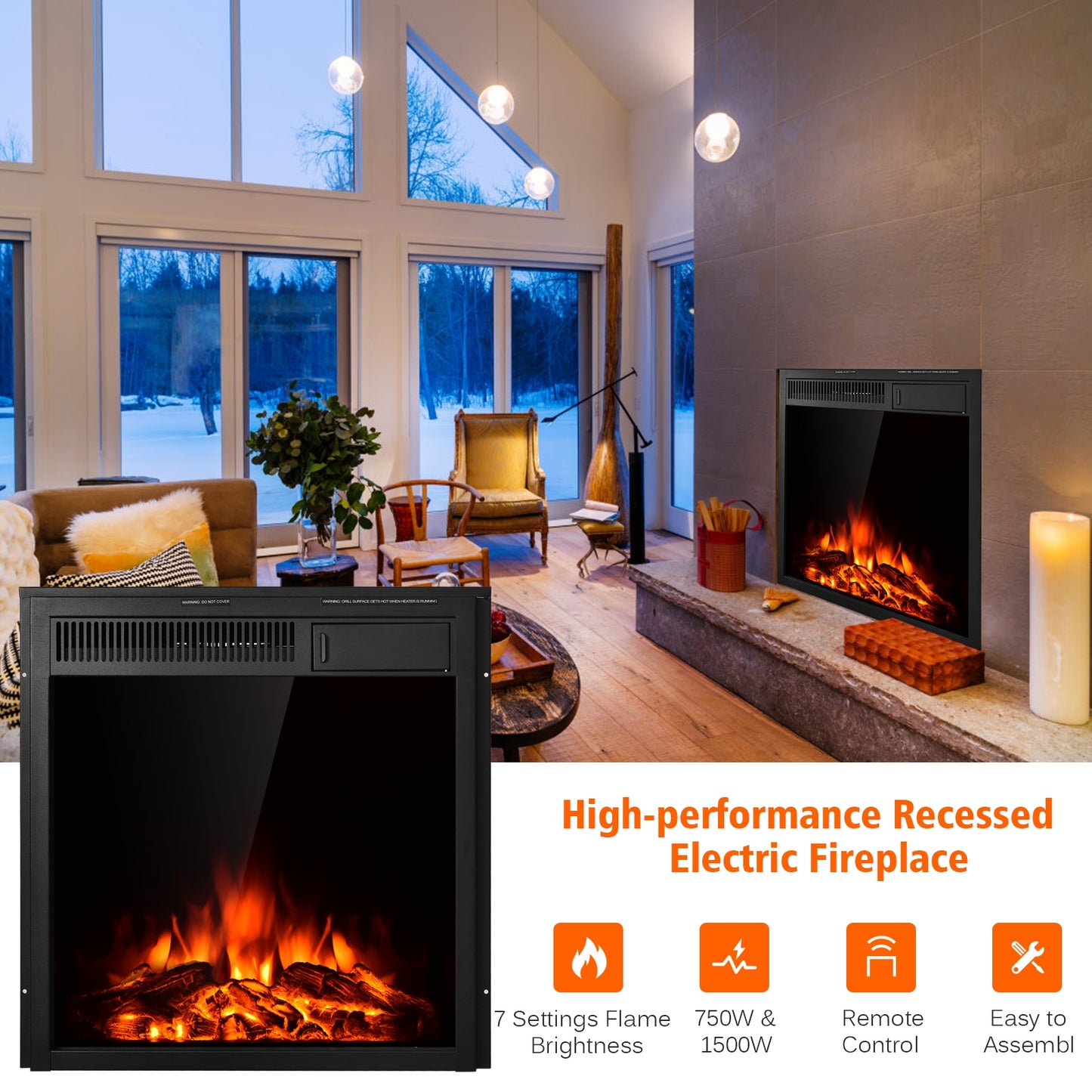 Freestanding & Recessed Electric Fireplace Heater - 22.5 Inch