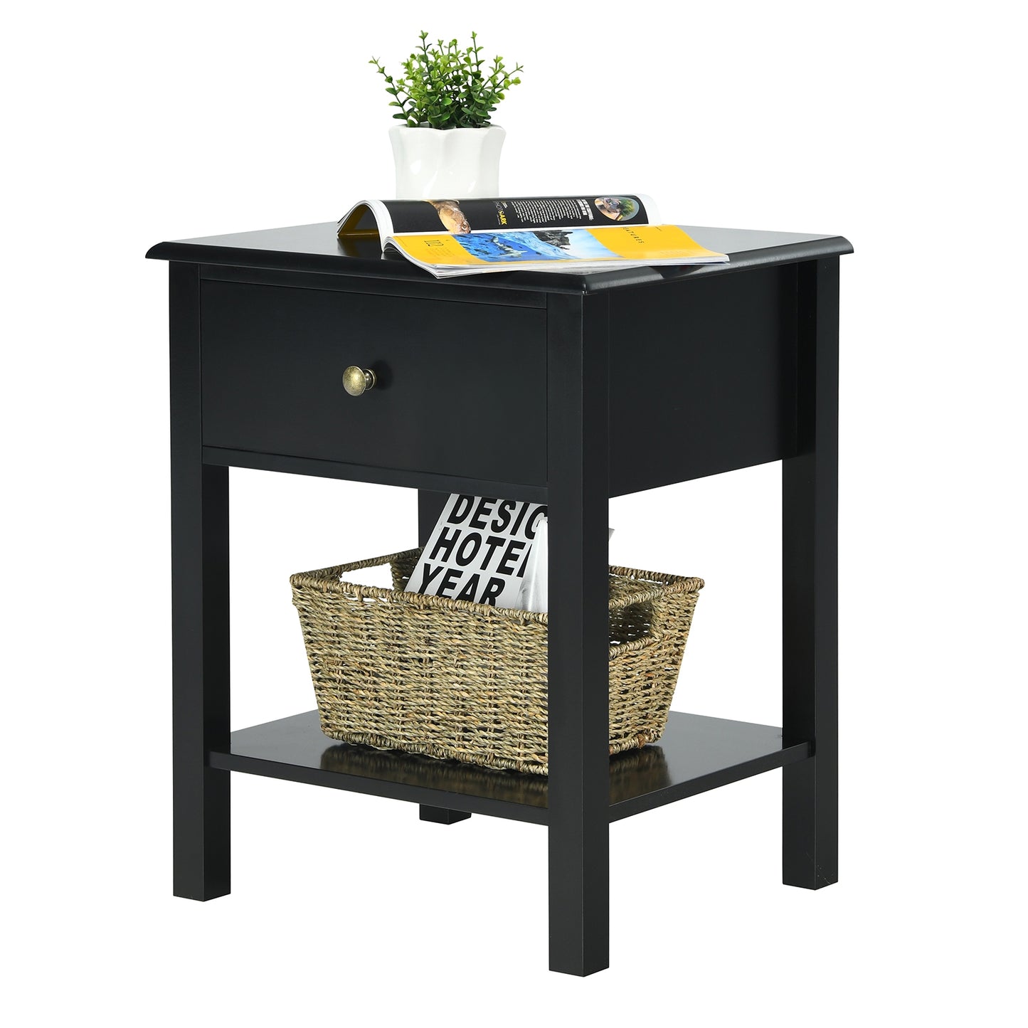 Modern Nightstand with Storage Drawer and Shelf – Black