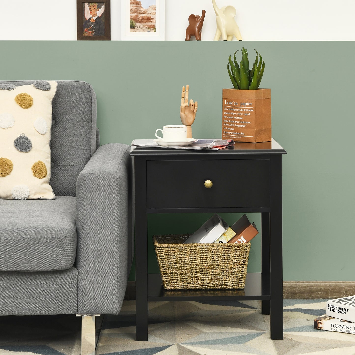 Modern Nightstand with Storage Drawer and Shelf – Black