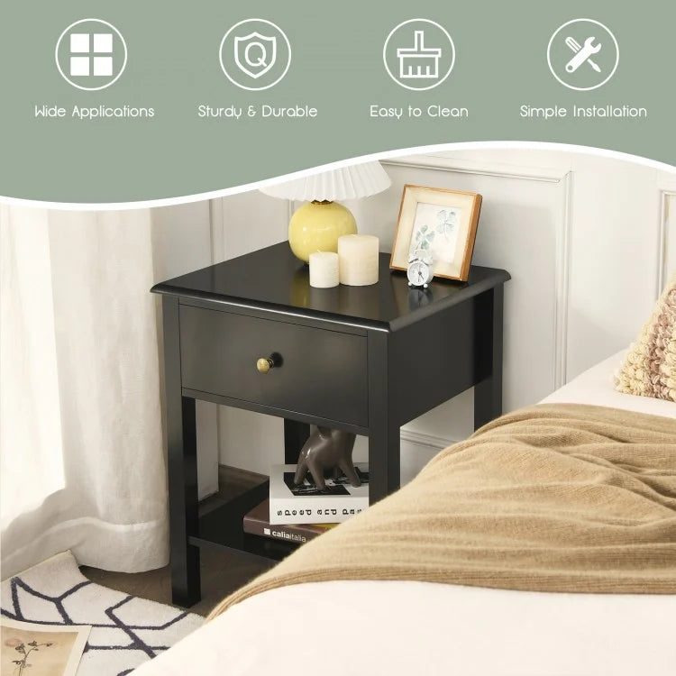 Modern Nightstand with Storage Drawer and Shelf – Black