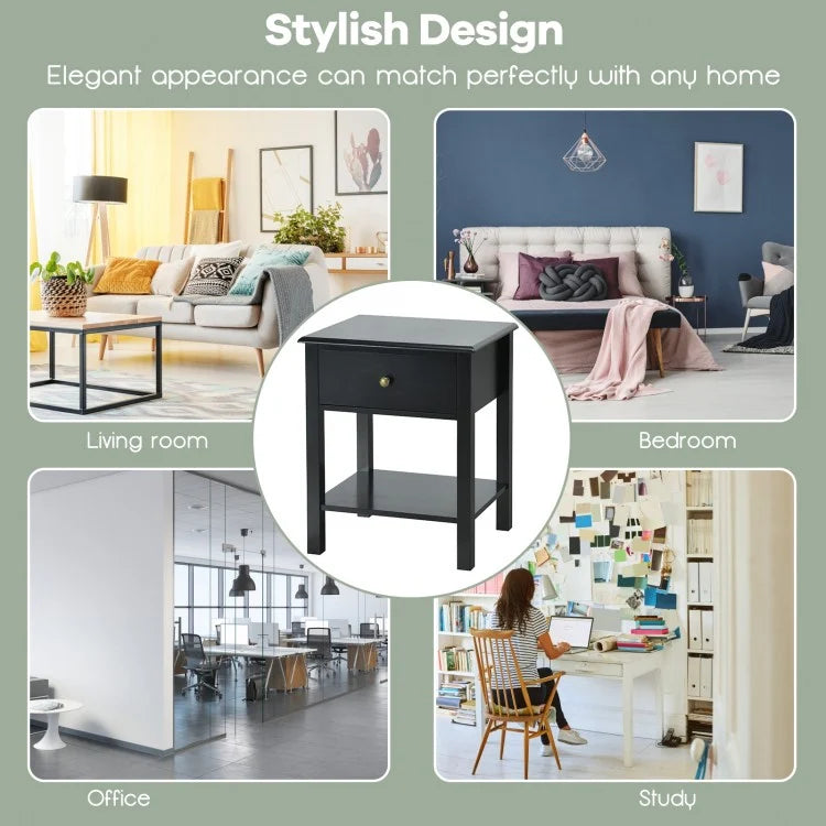 Modern Nightstand with Storage Drawer and Shelf – Black