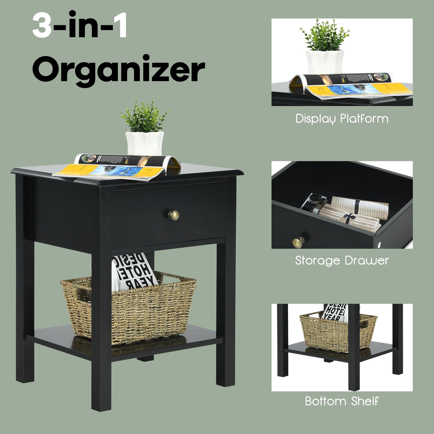 Modern Nightstand with Storage Drawer and Shelf – Black