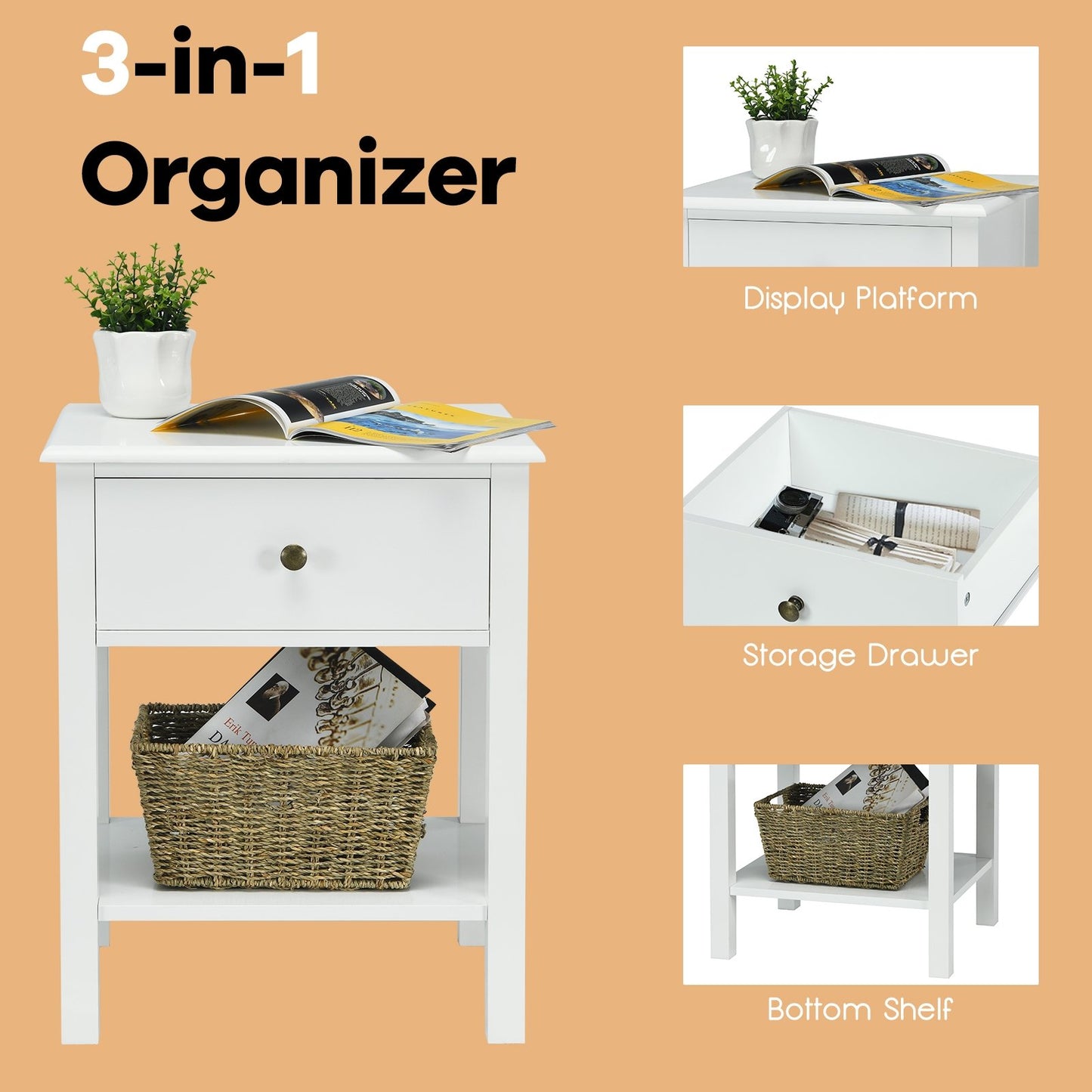 Modern Nightstand with Storage Drawer and Shelf – White