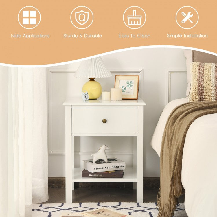 Modern Nightstand with Storage Drawer and Shelf – White