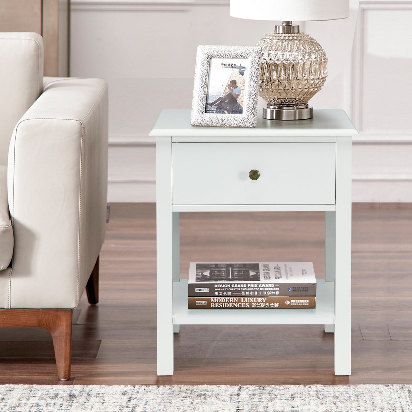 Modern Nightstand with Storage Drawer and Shelf – White