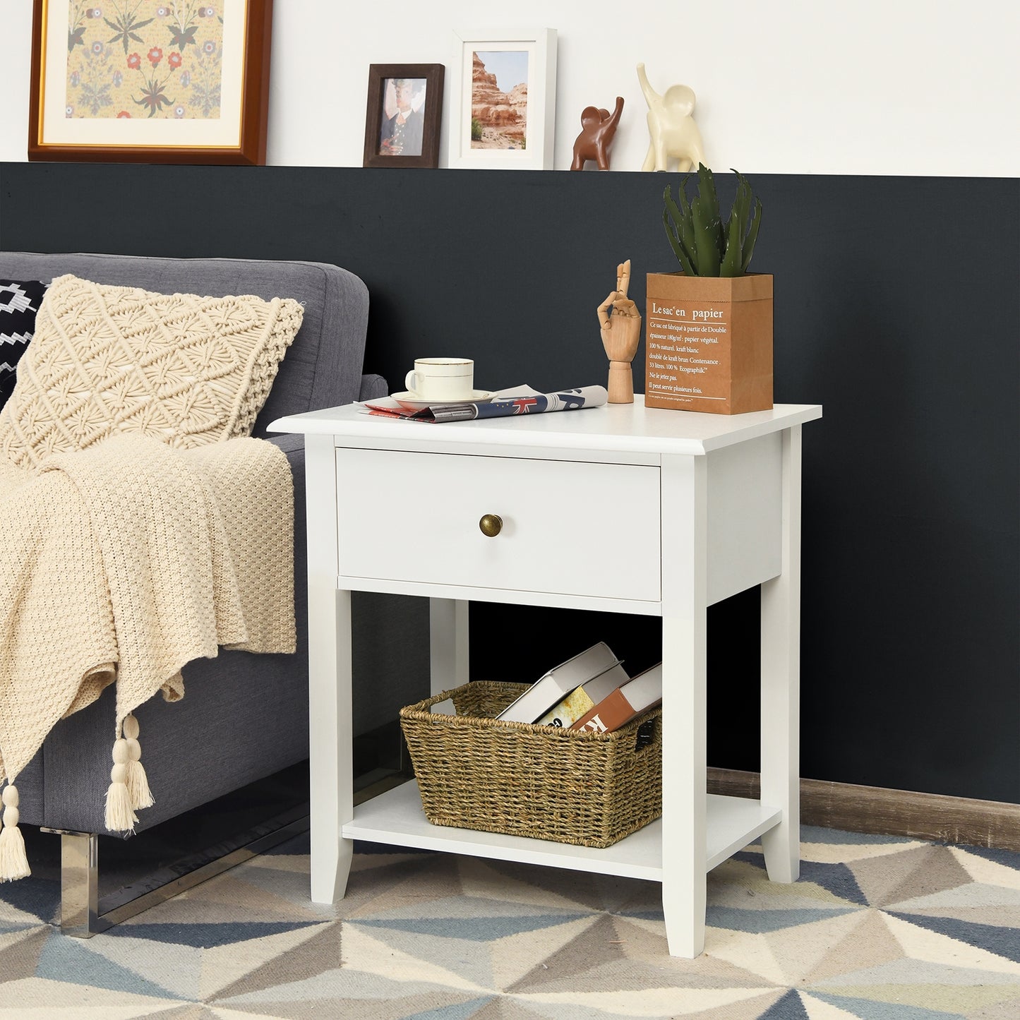 Modern Nightstand with Storage Drawer and Shelf – White