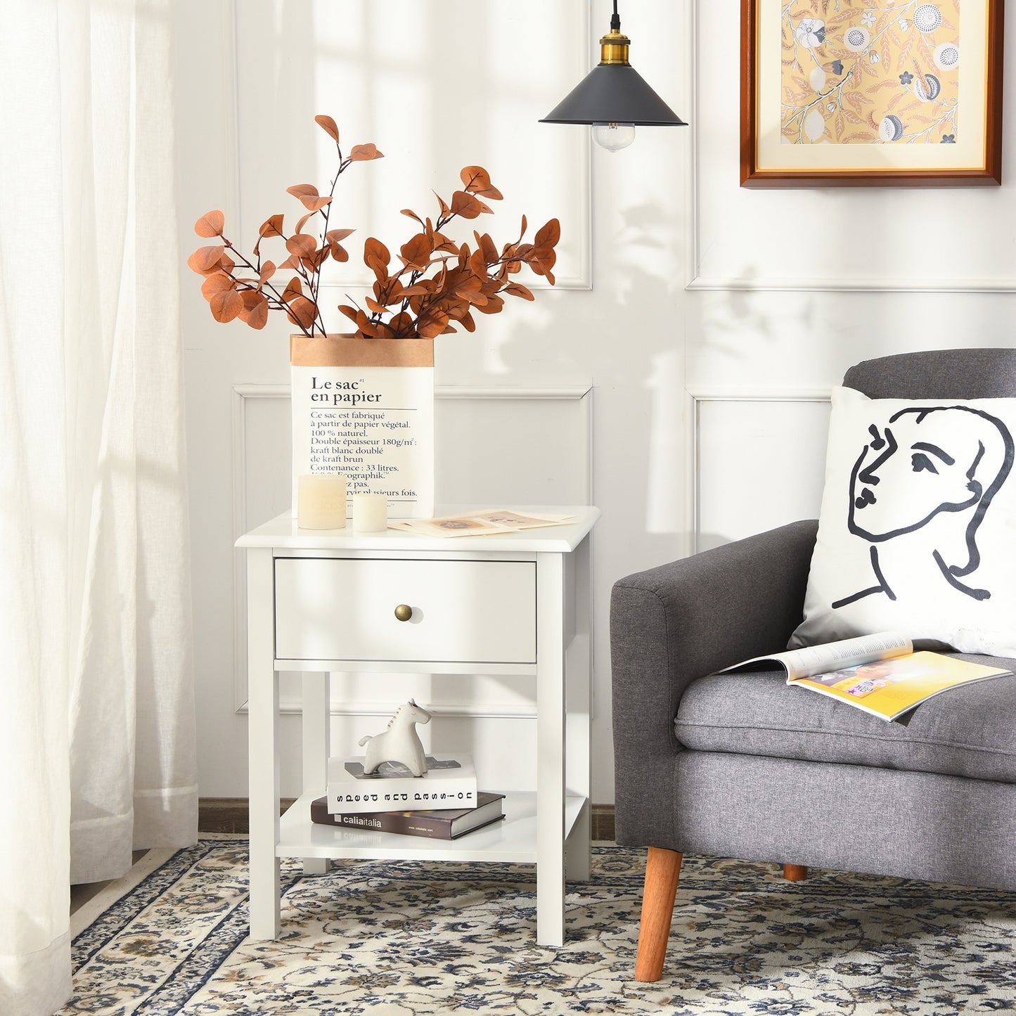 Modern Nightstand with Storage Drawer and Shelf – White