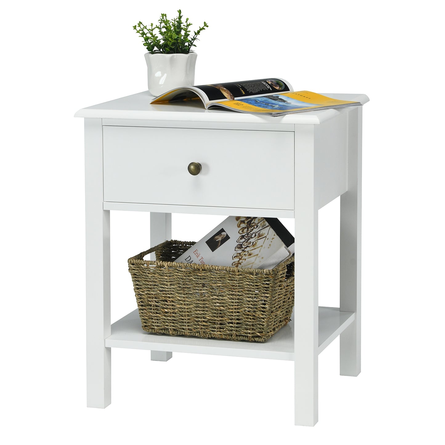 Modern Nightstand with Storage Drawer and Shelf – White