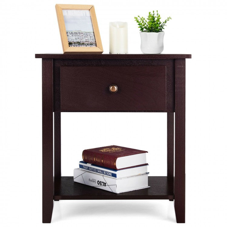 Versatile Bedside Table with Storage Drawer and Display Shelf Dark Brown