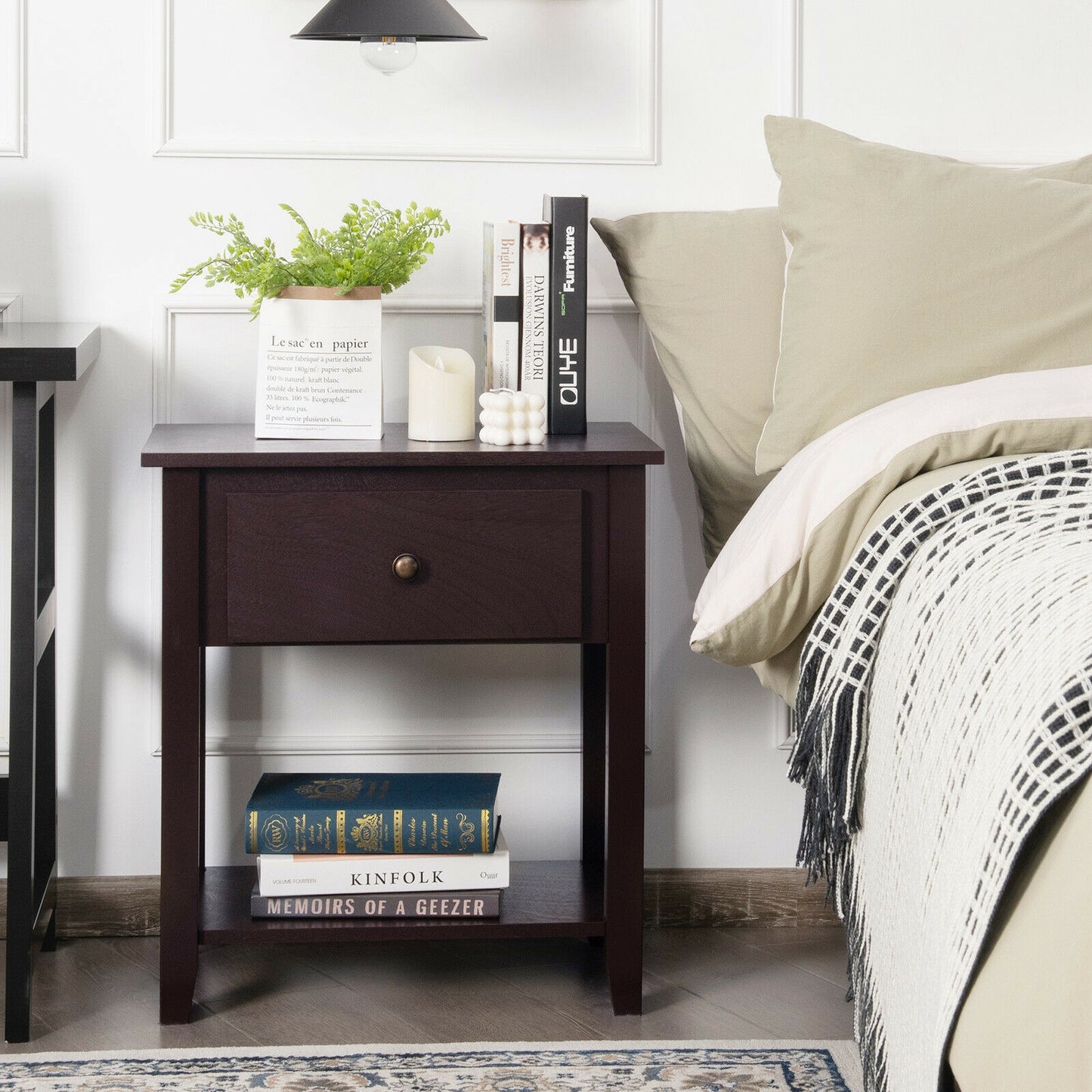 Versatile Bedside Table with Storage Drawer and Display Shelf Dark Brown