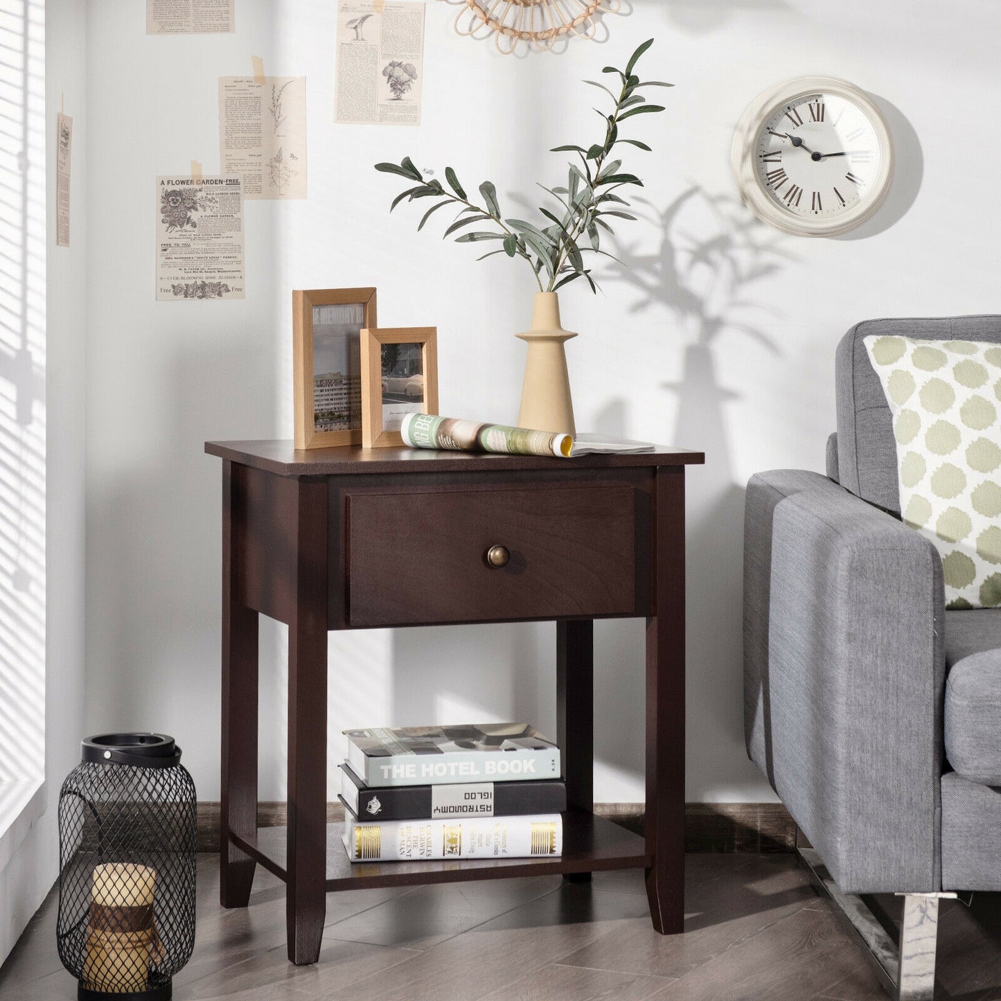Versatile Bedside Table with Storage Drawer and Display Shelf Dark Brown