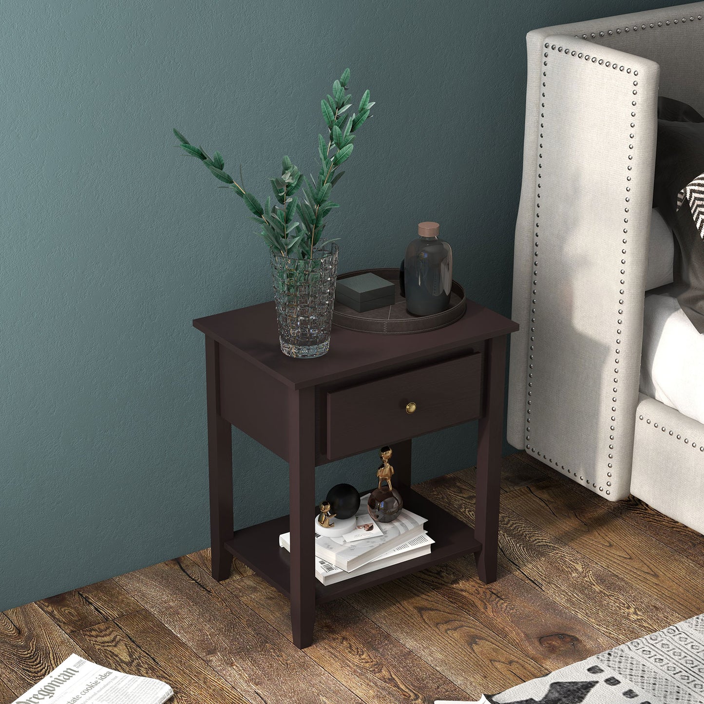 Versatile Bedside Table with Storage Drawer and Display Shelf Dark Brown