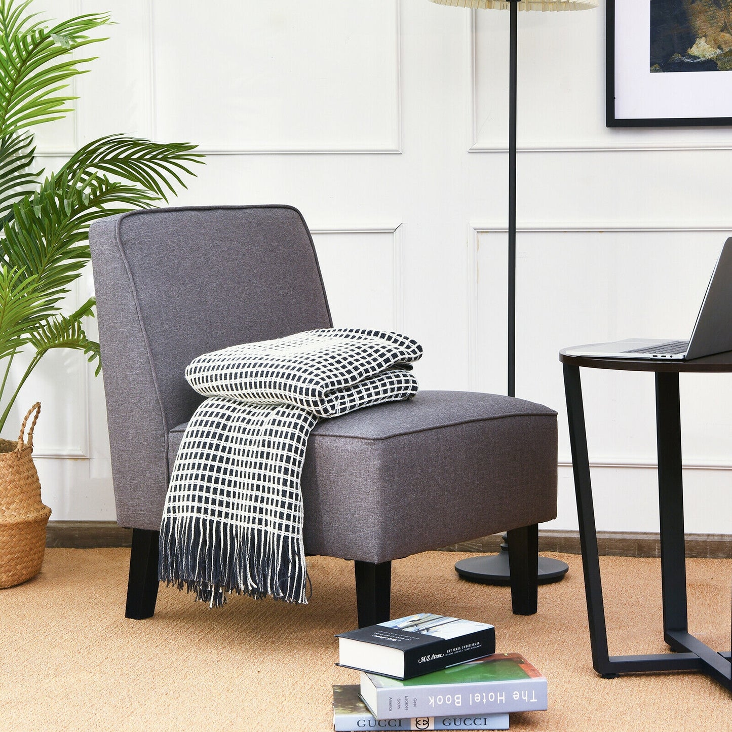 Contemporary Armless Accent Chair with Linen Fabric and Wood Base Grey