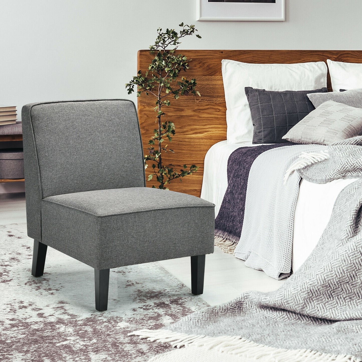 Contemporary Armless Accent Chair with Linen Fabric and Wood Base Grey