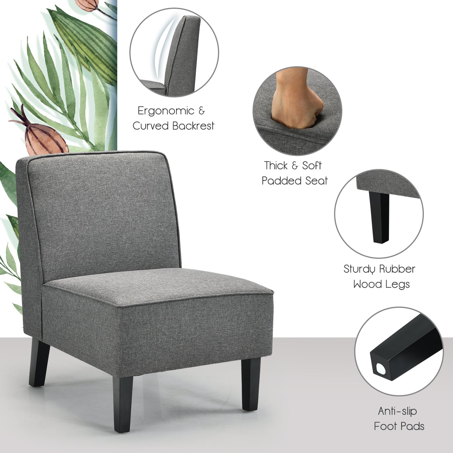 Contemporary Armless Accent Chair with Linen Fabric and Wood Base Grey