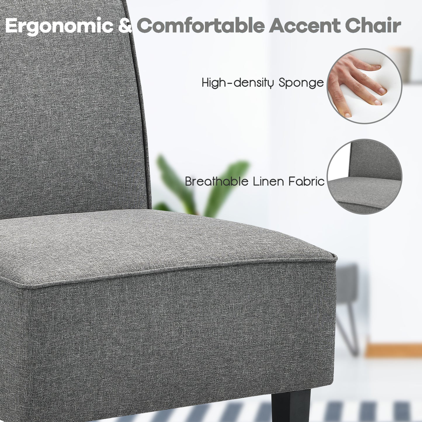 Contemporary Armless Accent Chair with Linen Fabric and Wood Base Grey