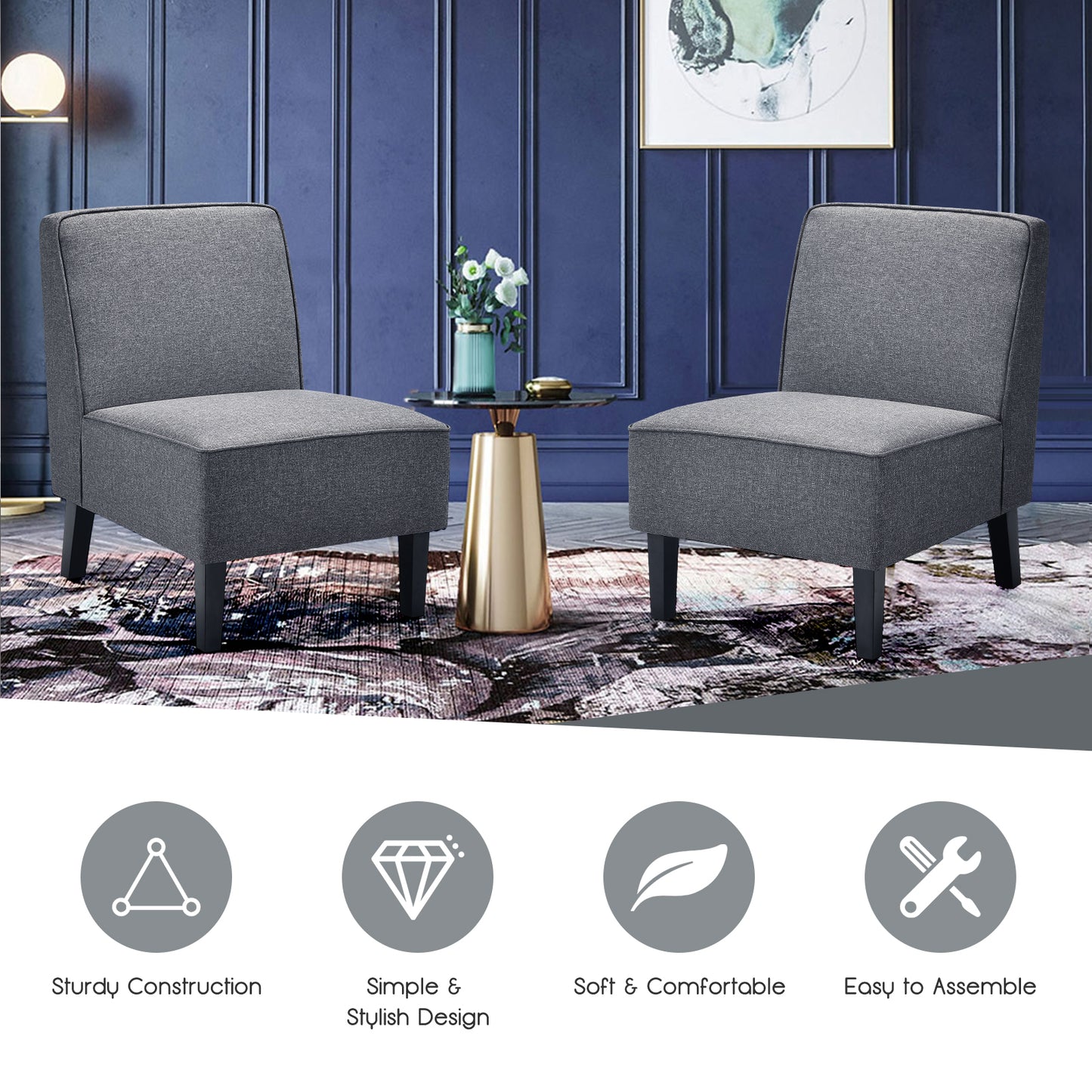 Contemporary Armless Accent Chair with Linen Fabric and Wood Base Grey