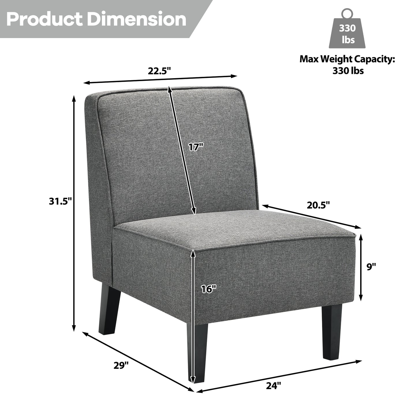 Contemporary Armless Accent Chair with Linen Fabric and Wood Base Grey
