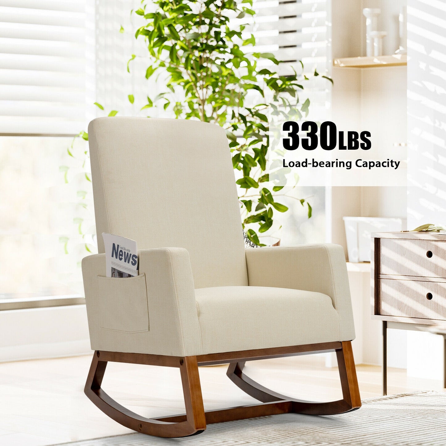 Modern High Back Rocking Chair with Upholstered Seat and Side Storage Pocket - Beige