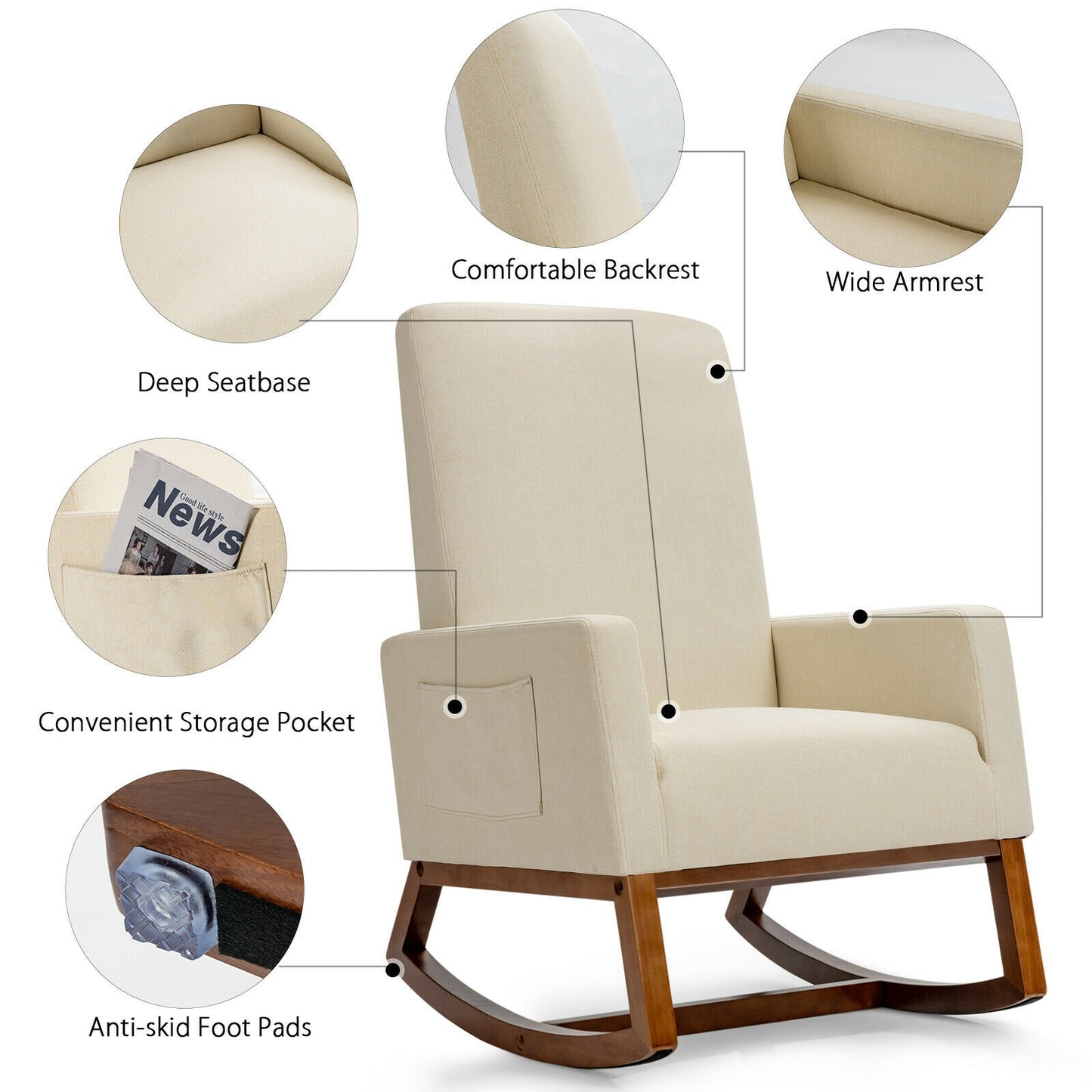 Modern High Back Rocking Chair with Upholstered Seat and Side Storage Pocket - Beige