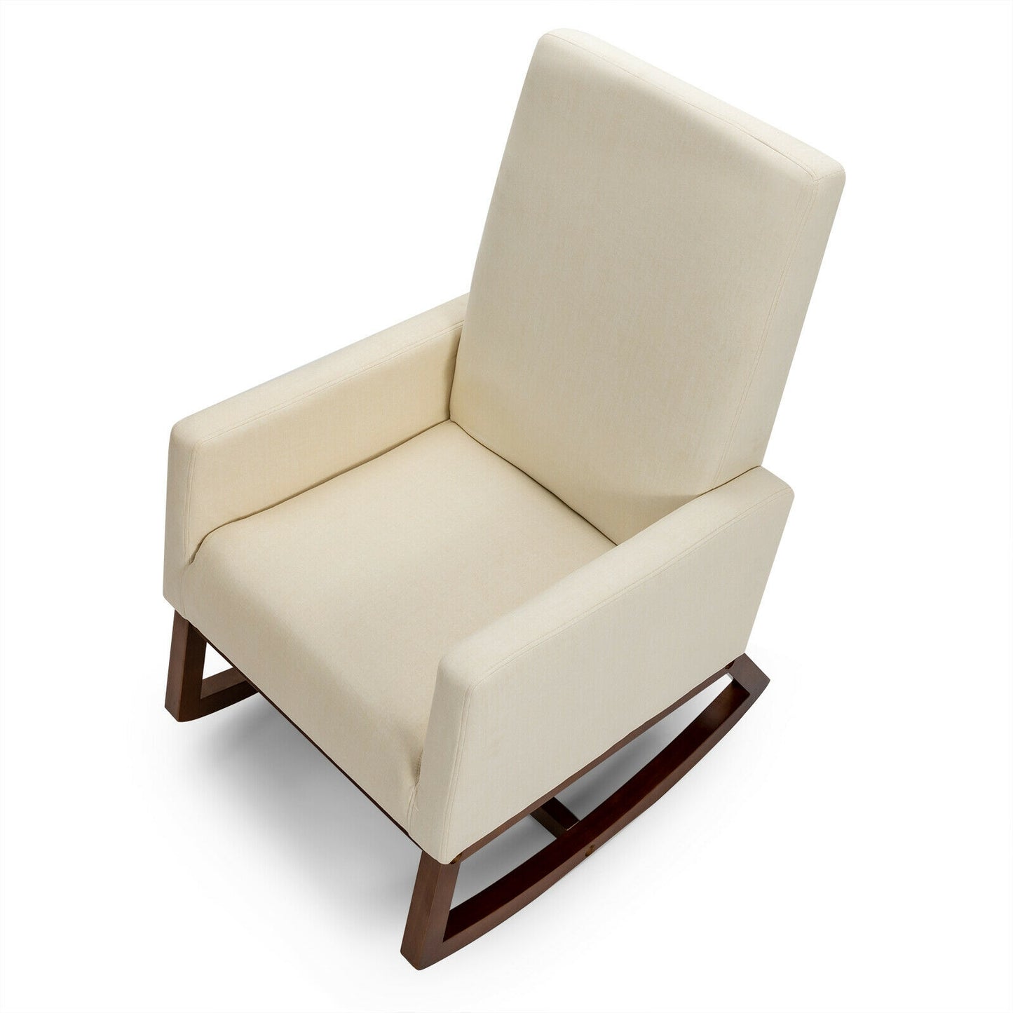 Modern High Back Rocking Chair with Upholstered Seat and Side Storage Pocket - Beige