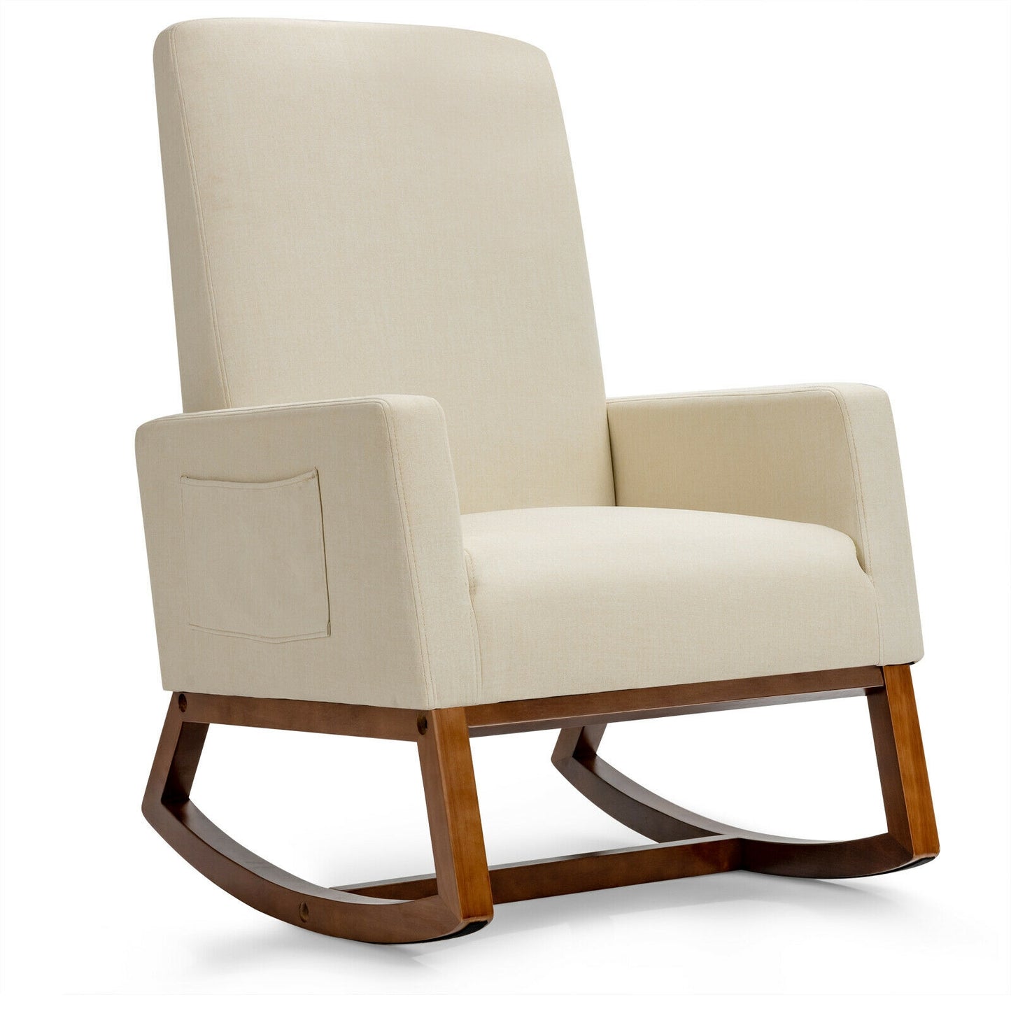 Modern High Back Rocking Chair with Upholstered Seat and Side Storage Pocket - Beige