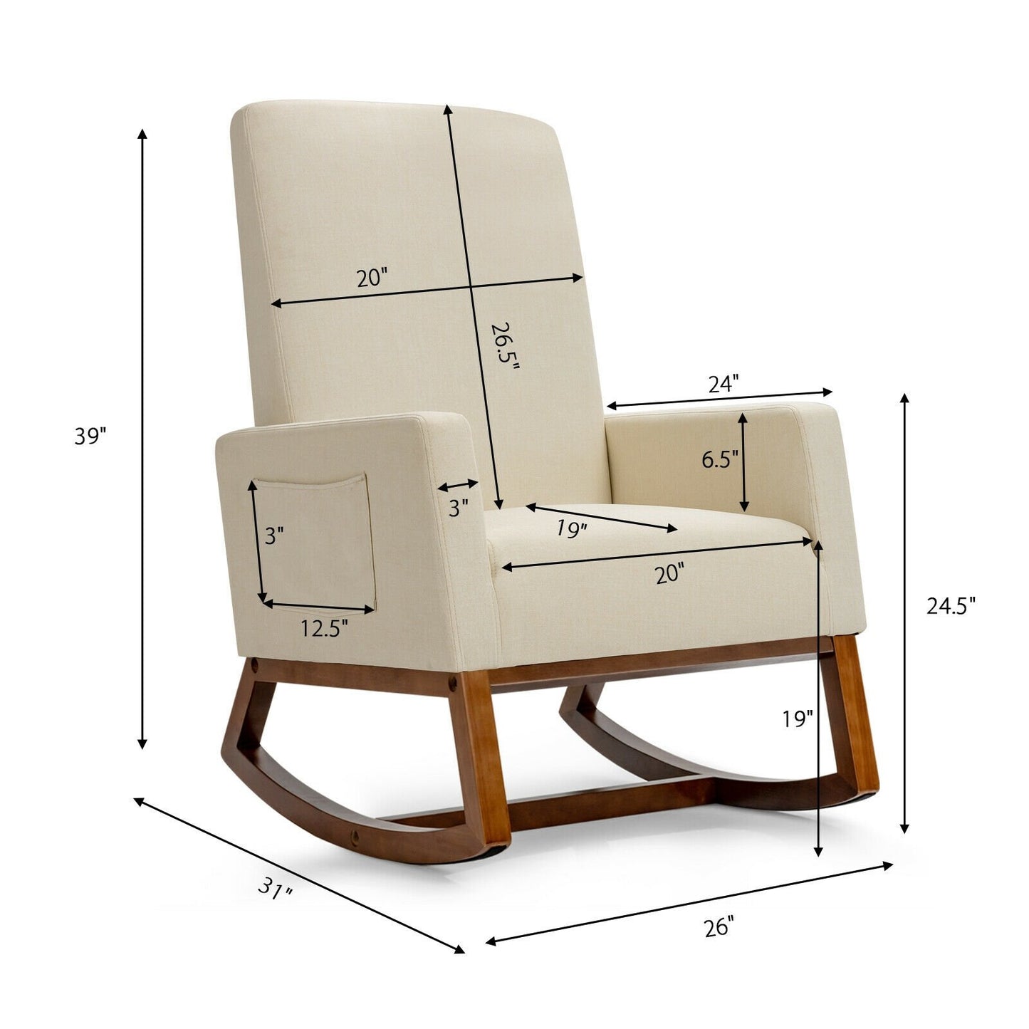 Modern High Back Rocking Chair with Upholstered Seat and Side Storage Pocket - Beige