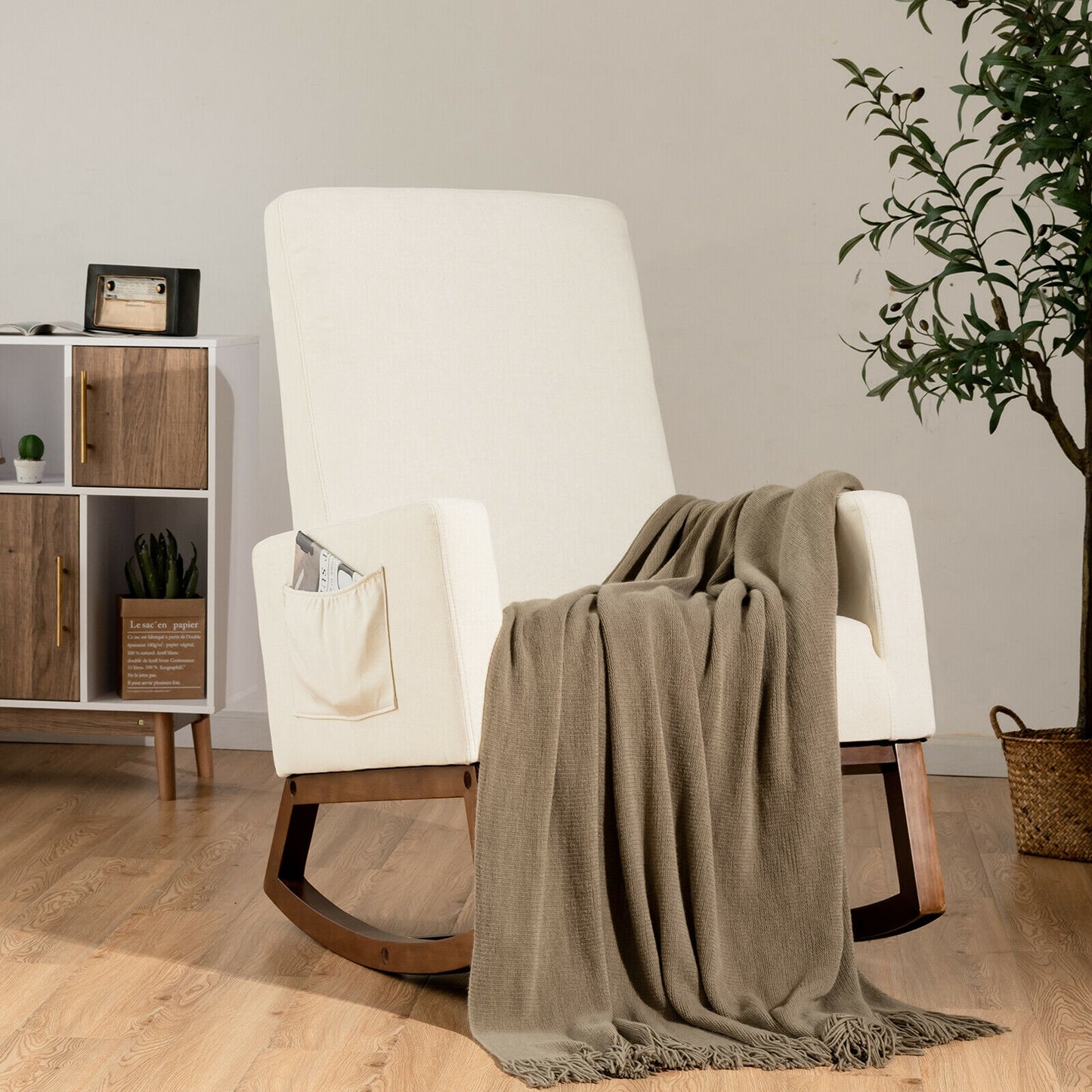 Modern High Back Rocking Chair with Upholstered Seat and Side Storage Pocket - Beige