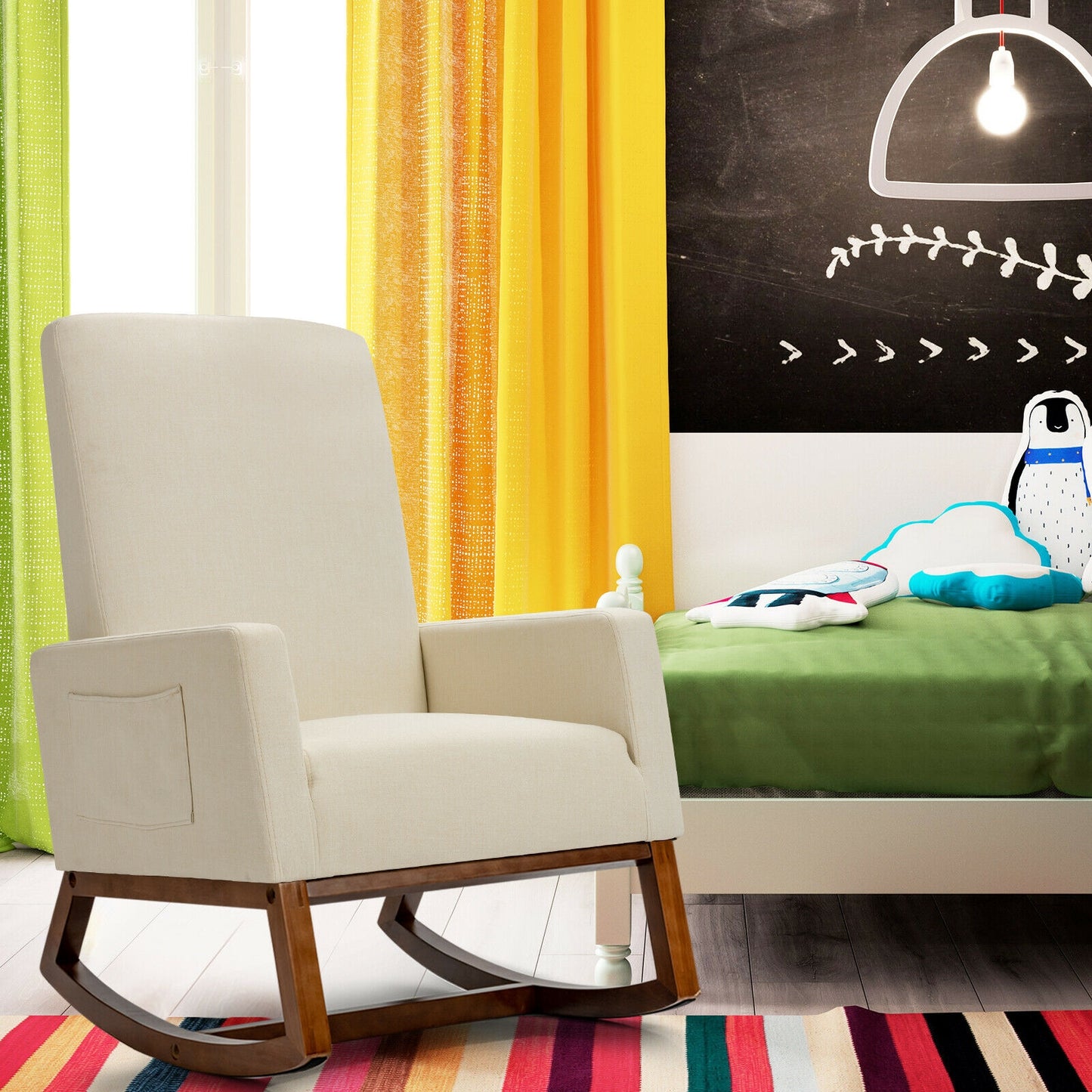 Modern High Back Rocking Chair with Upholstered Seat and Side Storage Pocket - Beige