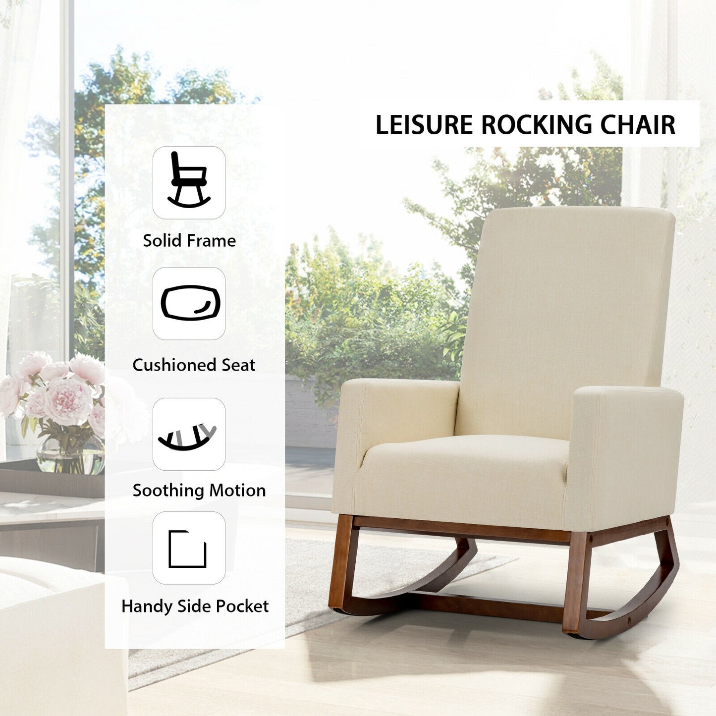 Modern High Back Rocking Chair with Upholstered Seat and Side Storage Pocket - Beige