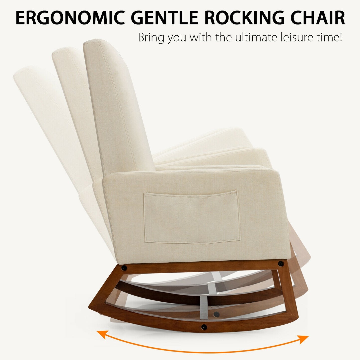 Modern High Back Rocking Chair with Upholstered Seat and Side Storage Pocket - Beige