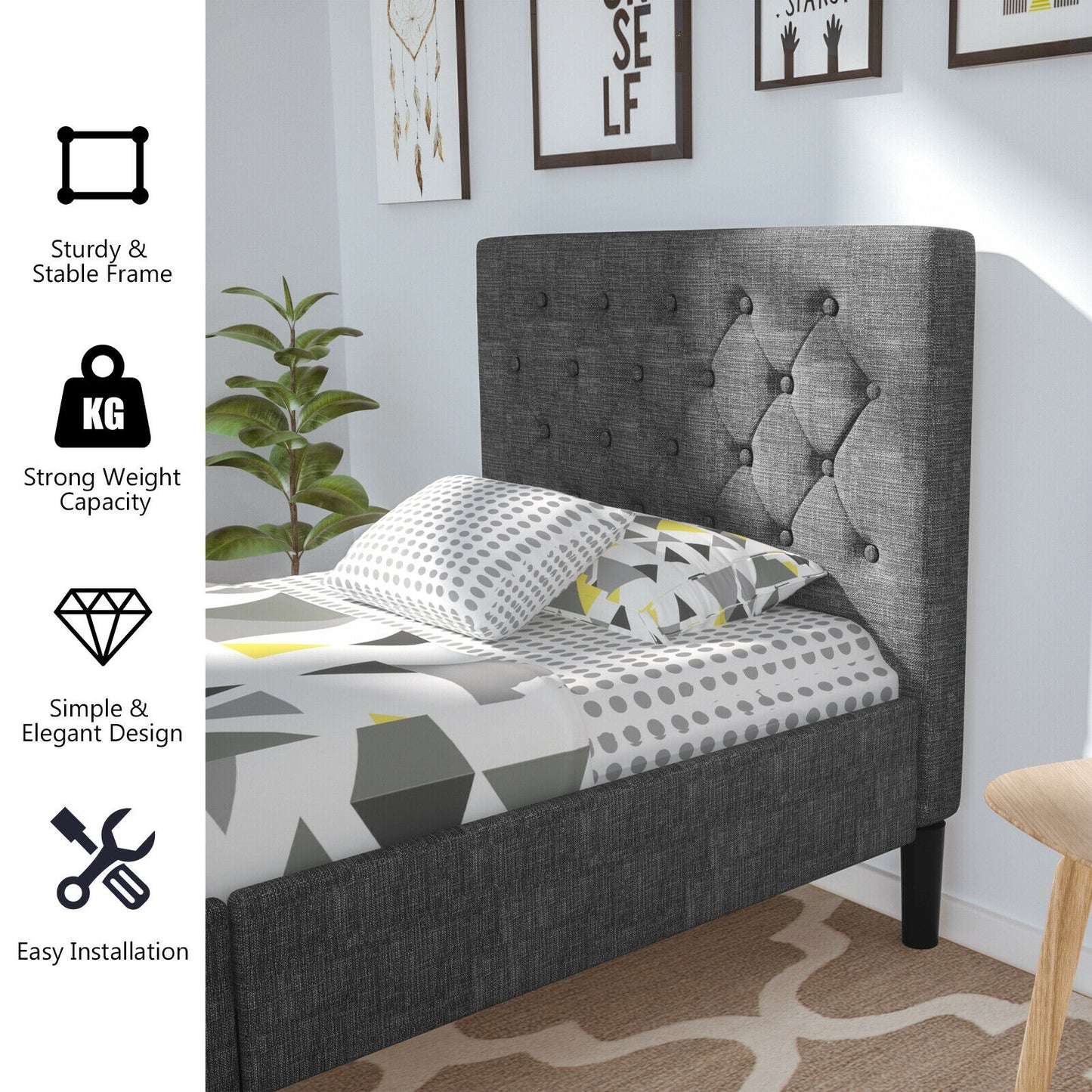 Modern Upholstered Twin Bed Frame with Button-Tufted Headboard