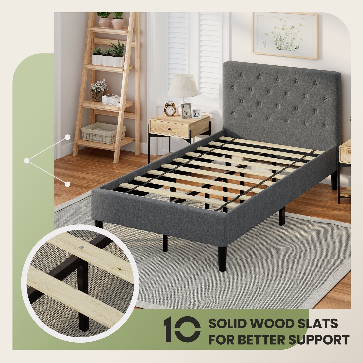 Modern Upholstered Twin Bed Frame with Button-Tufted Headboard