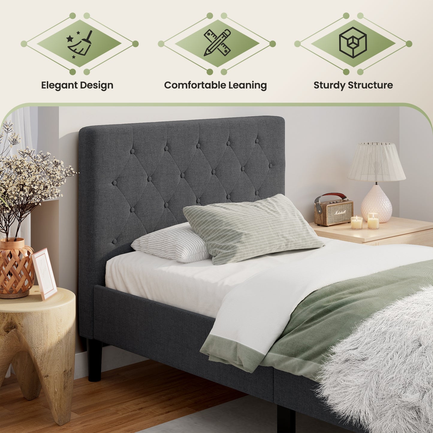 Modern Upholstered Twin Bed Frame with Button-Tufted Headboard