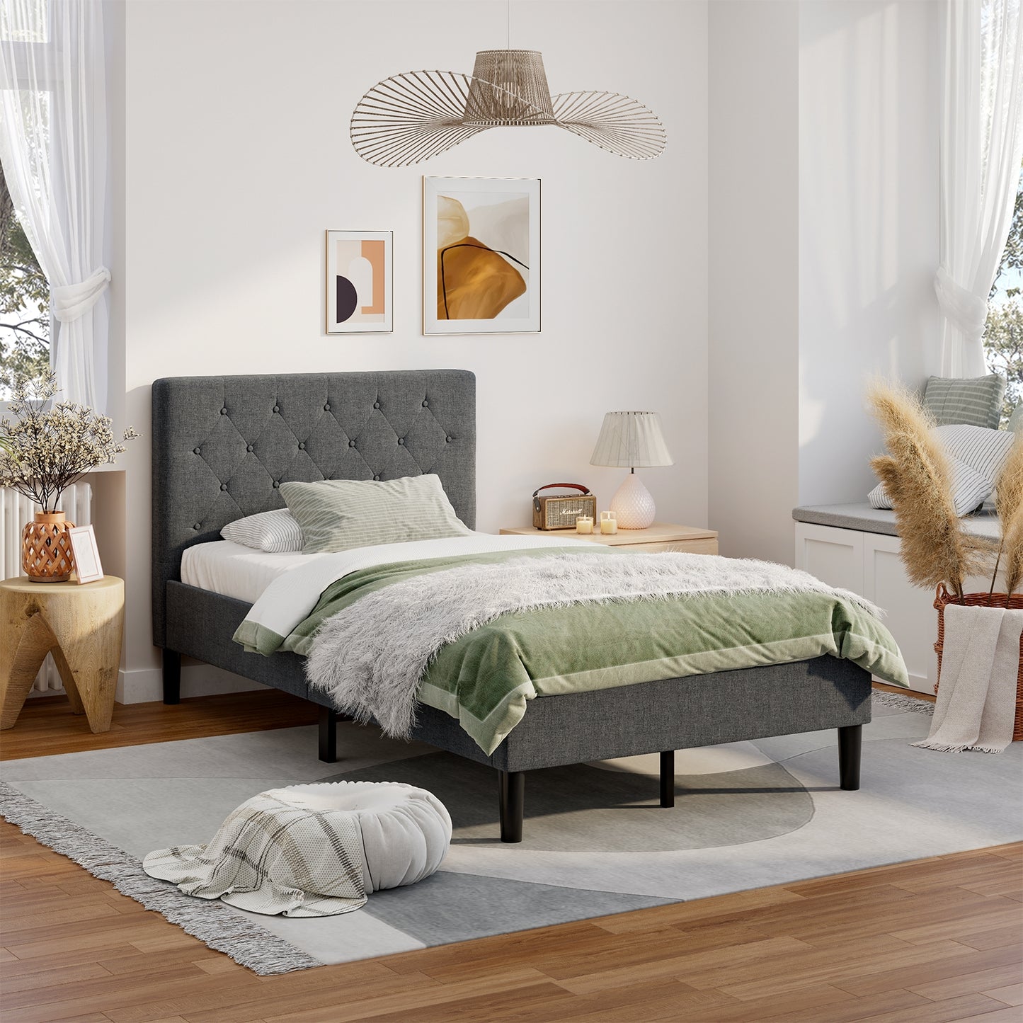 Modern Upholstered Twin Bed Frame with Button-Tufted Headboard