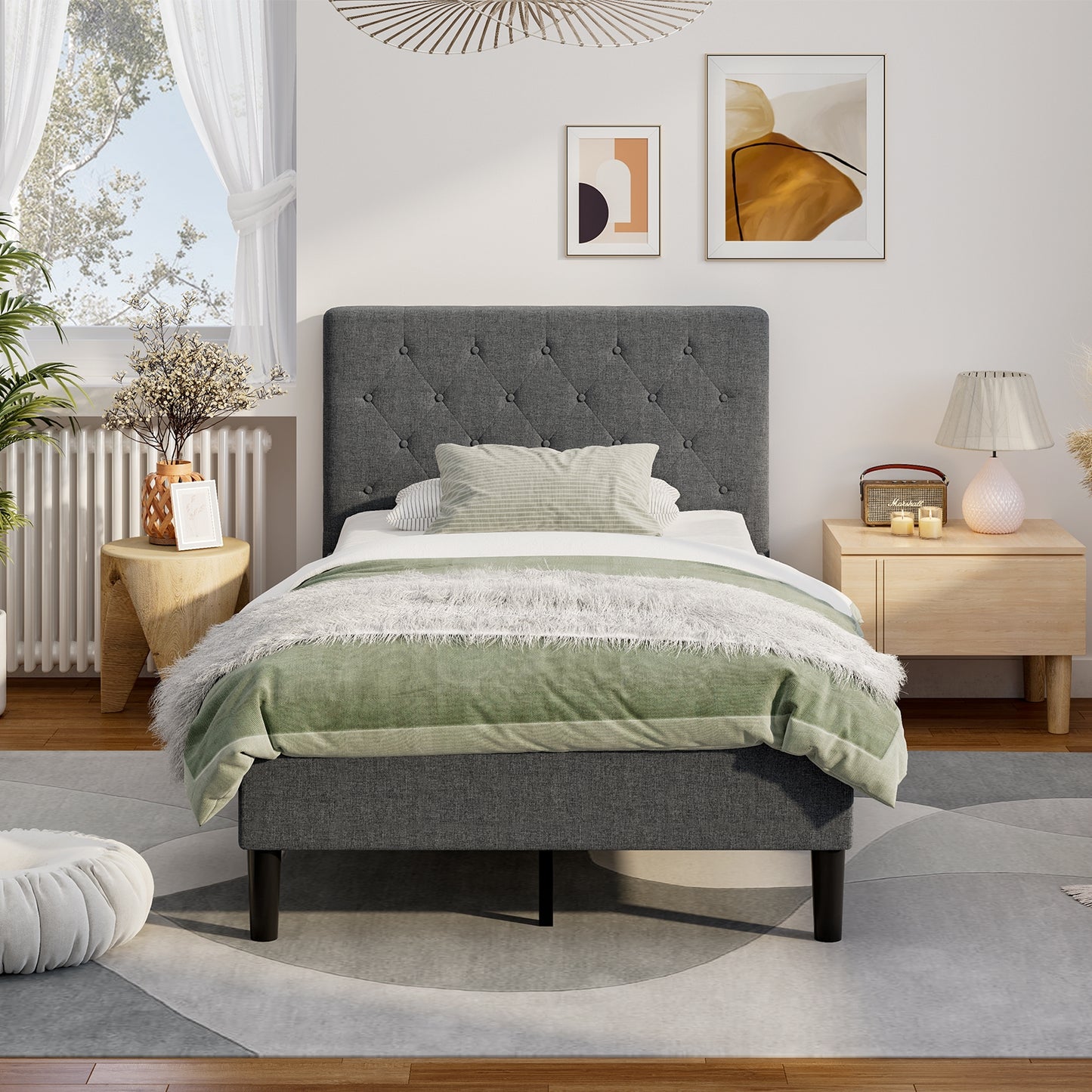 Modern Upholstered Twin Bed Frame with Button-Tufted Headboard