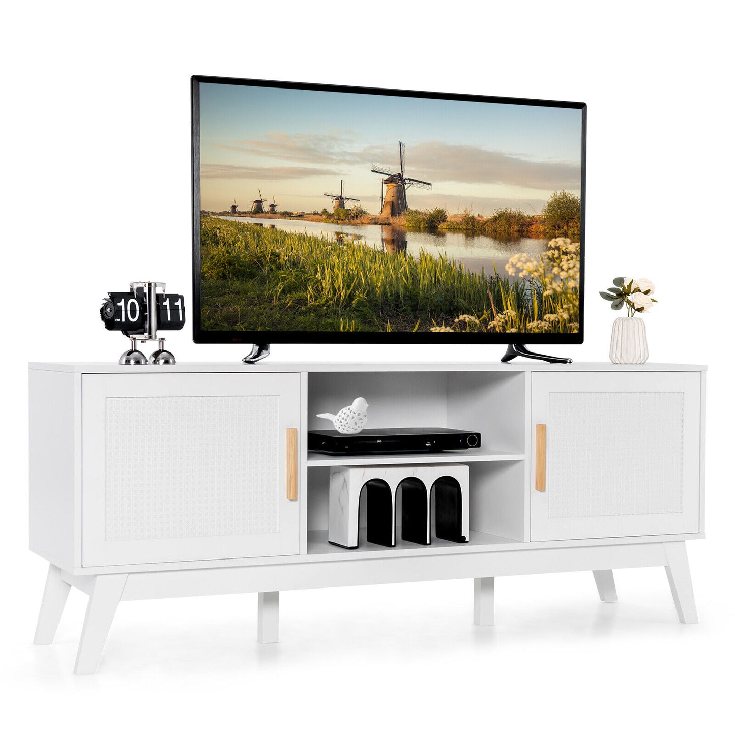 Modern TV Stand with Rattan Cabinets and Open Shelves for TVs up to 65 Inches