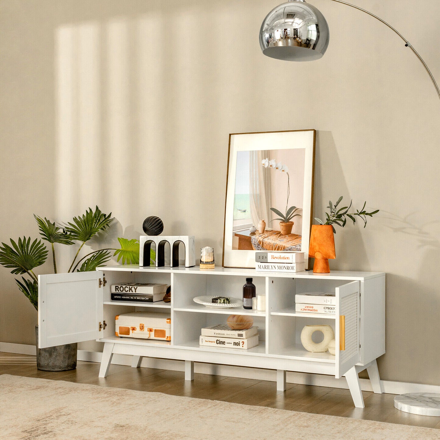 Modern TV Stand with Rattan Cabinets and Open Shelves for TVs up to 65 Inches