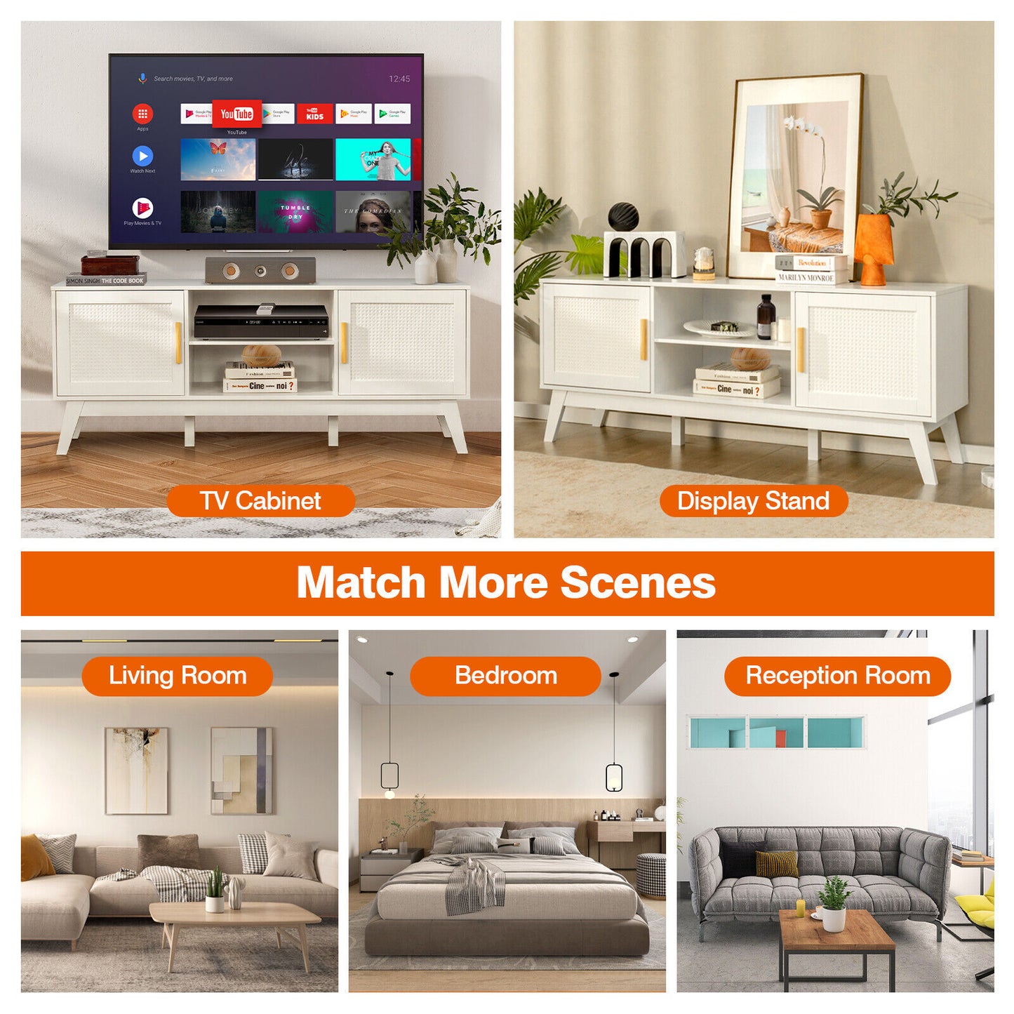 Modern TV Stand with Rattan Cabinets and Open Shelves for TVs up to 65 Inches