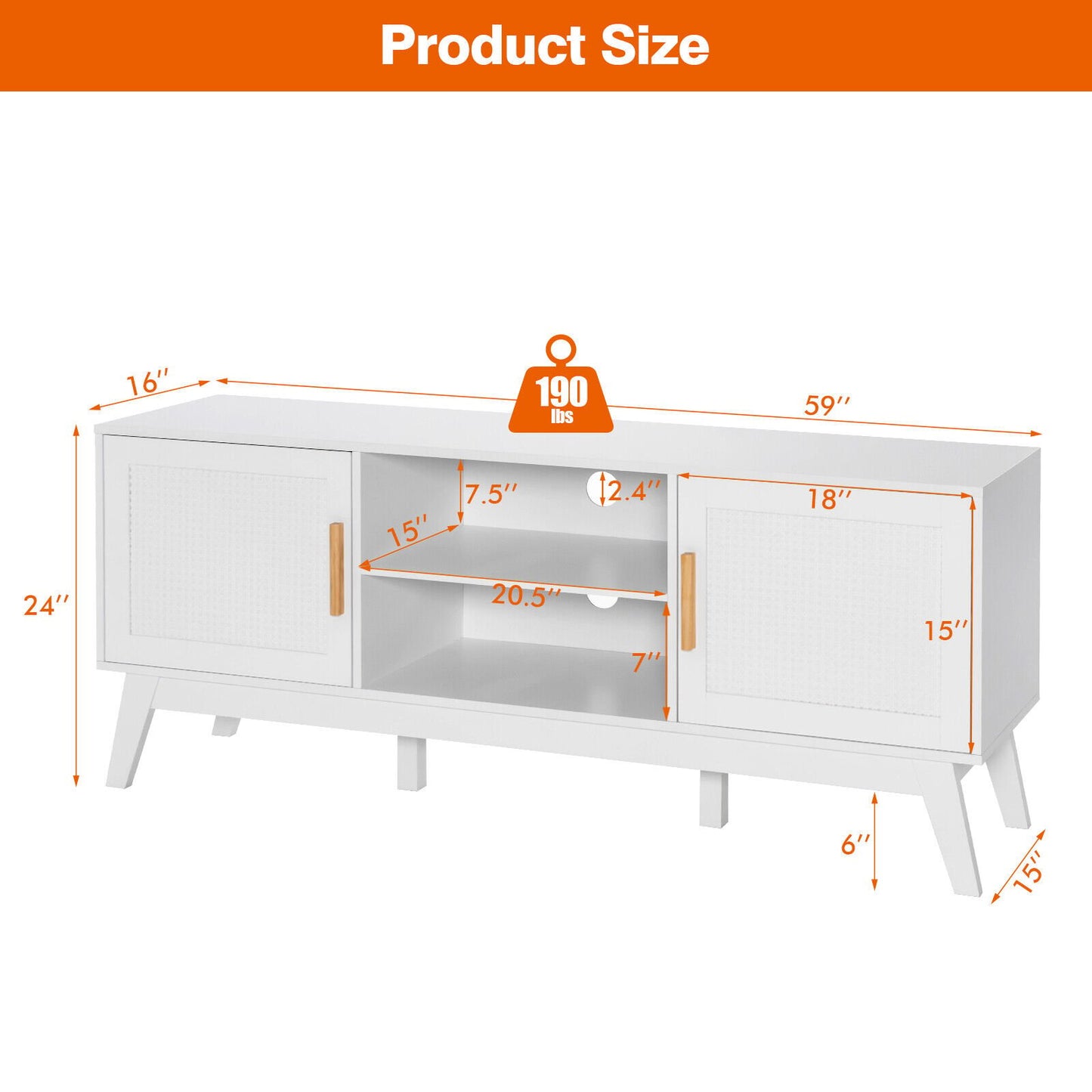 Modern TV Stand with Rattan Cabinets and Open Shelves for TVs up to 65 Inches